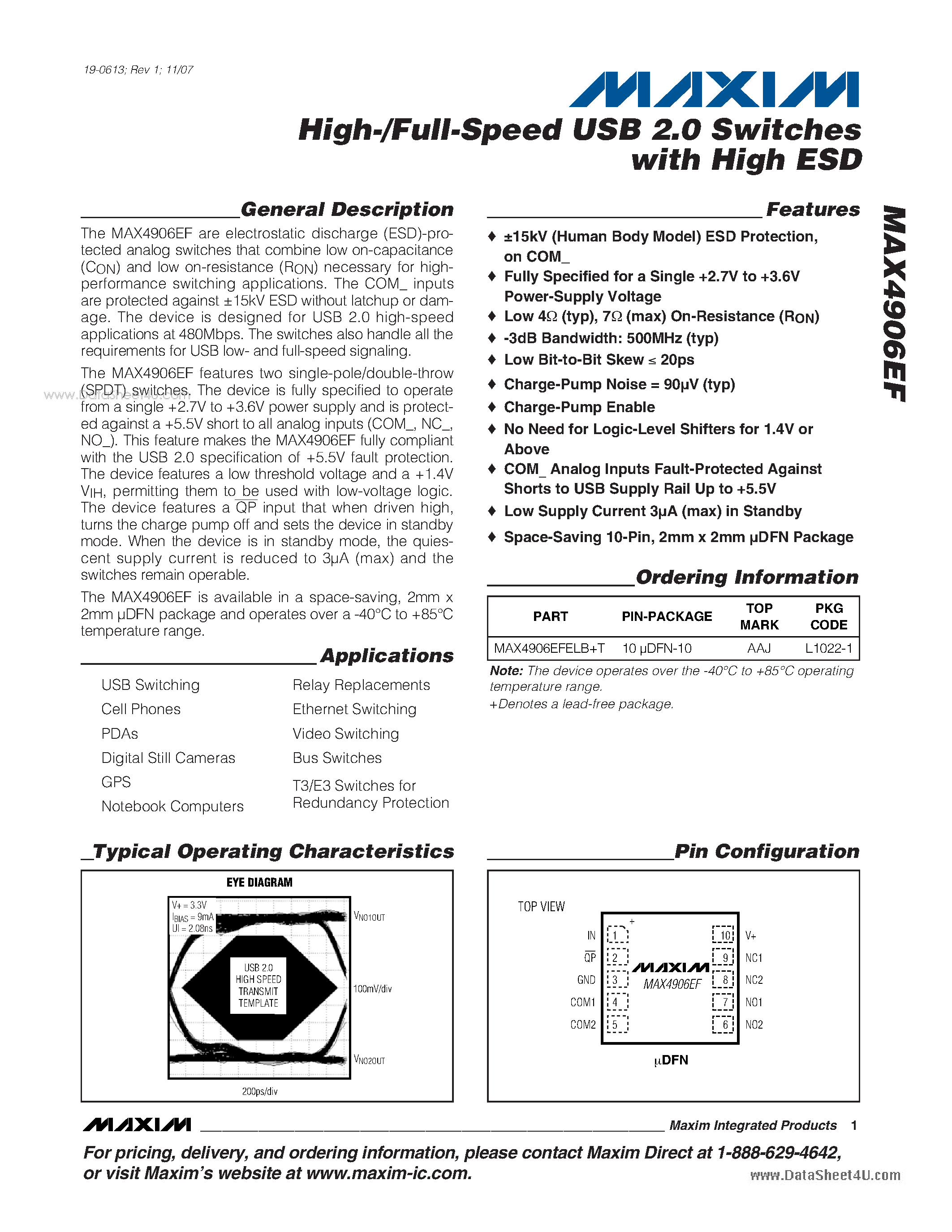 Datasheet MAX4906EF - High-/Full-Speed USB 2.0 Switches page 1