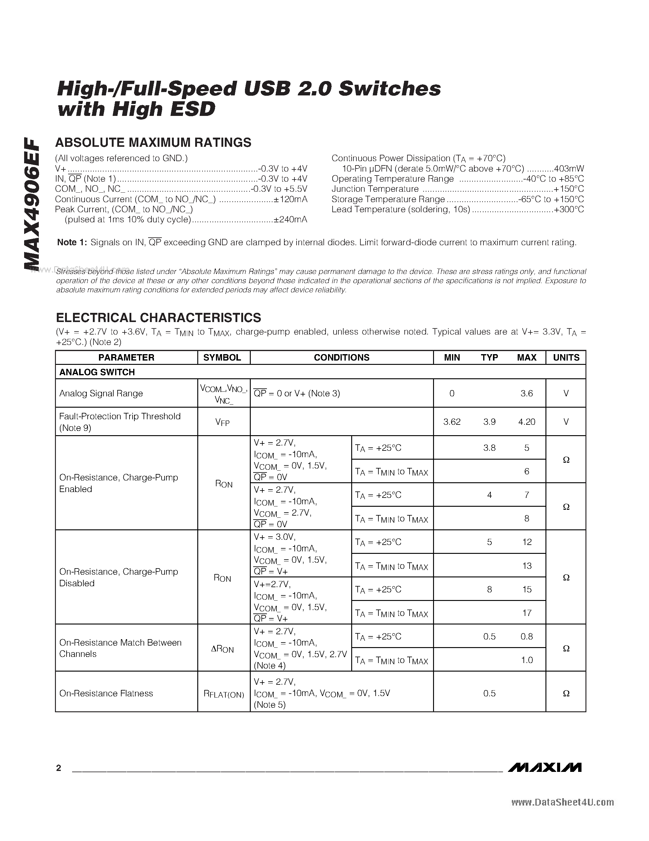 Datasheet MAX4906EF - High-/Full-Speed USB 2.0 Switches page 2