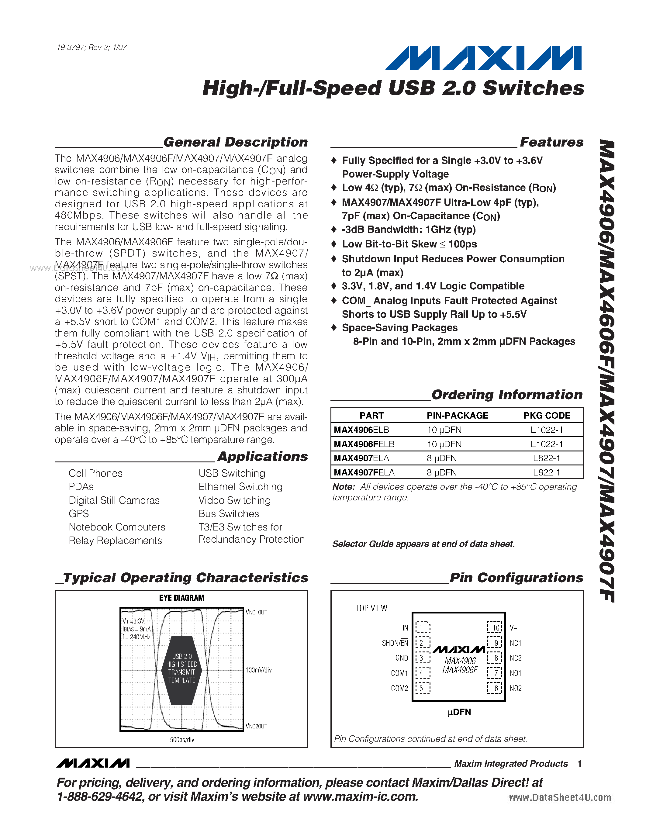 Datasheet MAX4606F - High-/Full-Speed USB 2.0 Switches page 1
