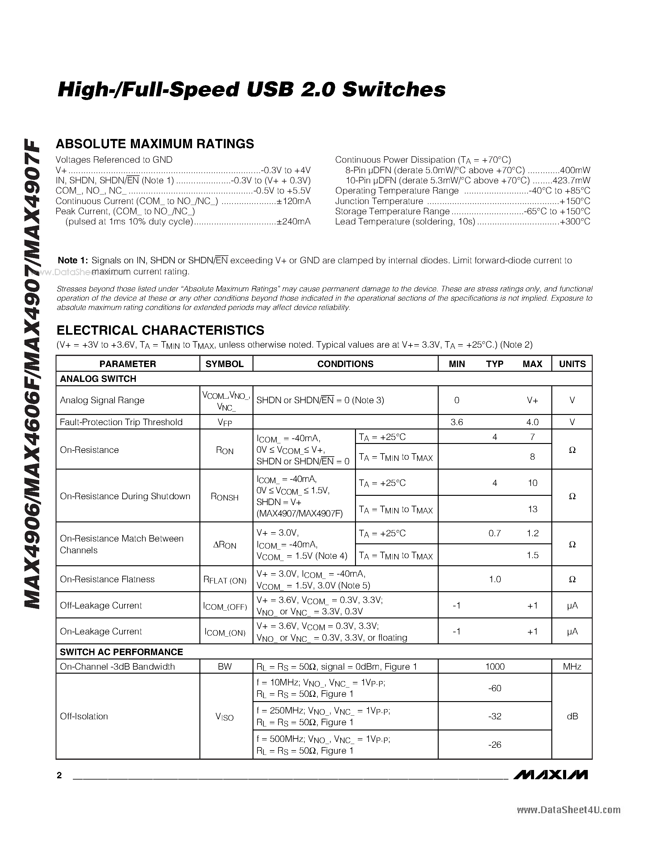 Datasheet MAX4606F - High-/Full-Speed USB 2.0 Switches page 2