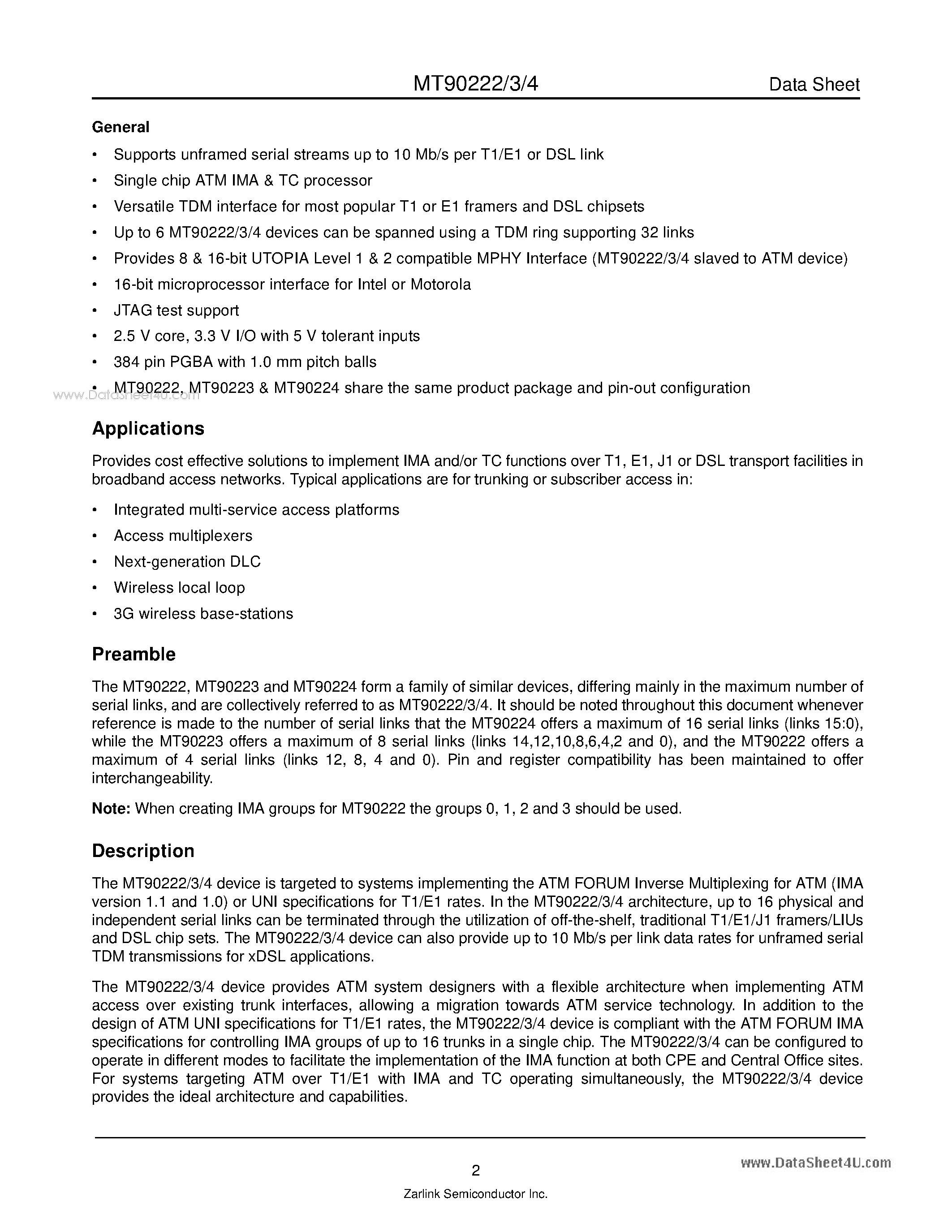 Datasheet MT90222 - 4/8/16 Port IMA/TC PHY Device page 2