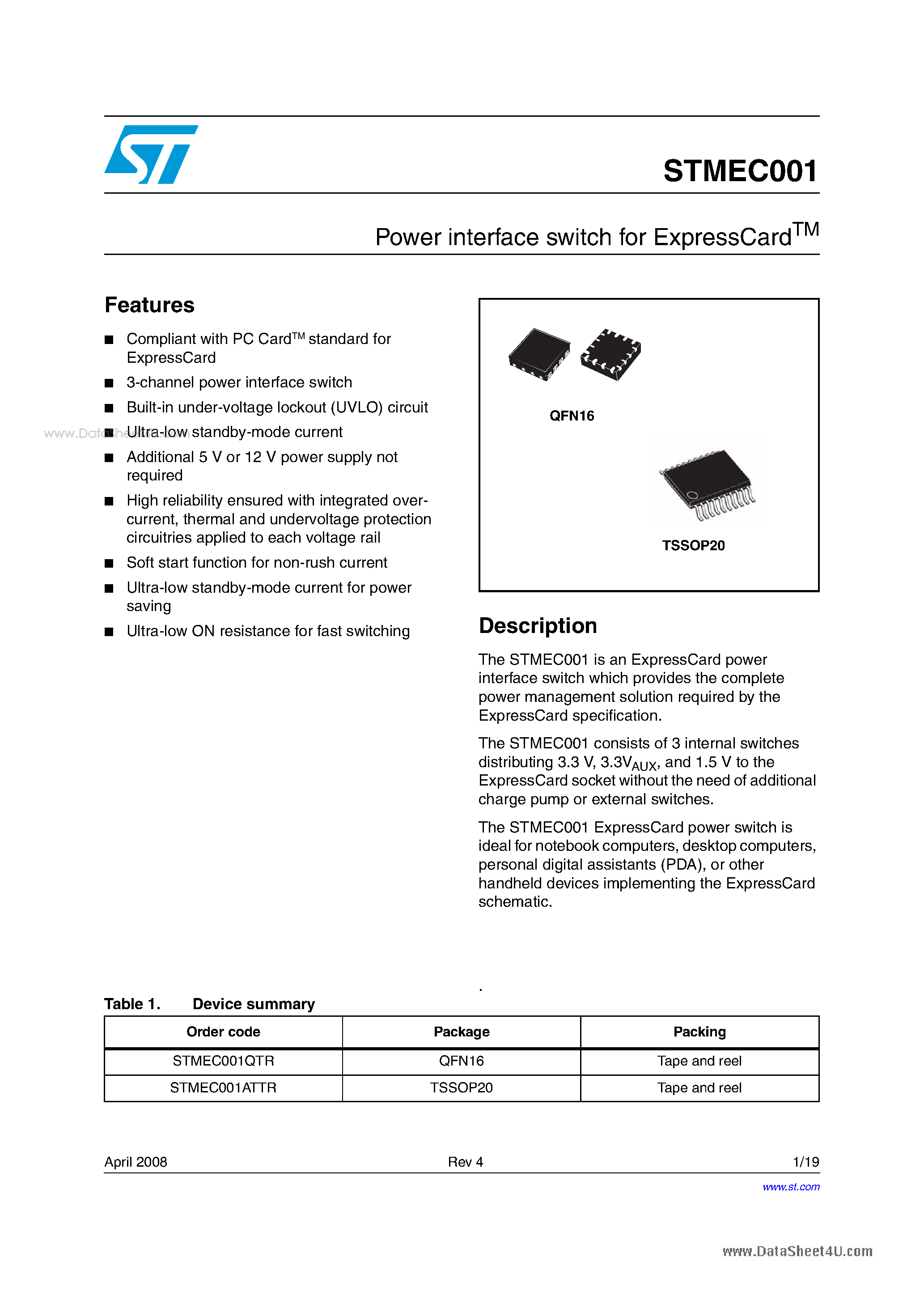 Datasheet STMEC001 page 1 Datasheet STMEC001 - Power interface switch page 1