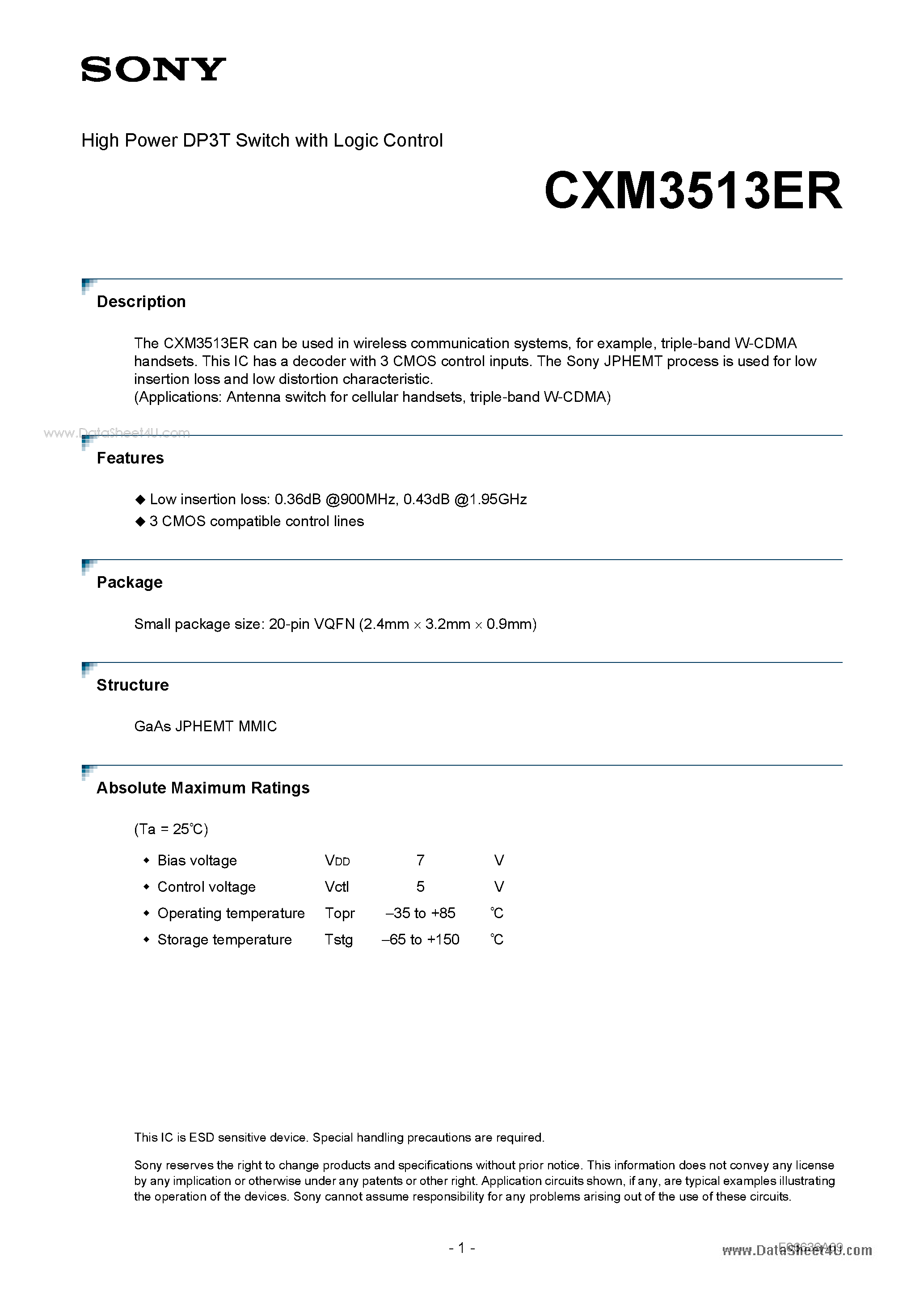 Даташит на микросхему CXM3513ER страница 1 Даташит CXM3513ER - High Power DP3T Switch страница 1