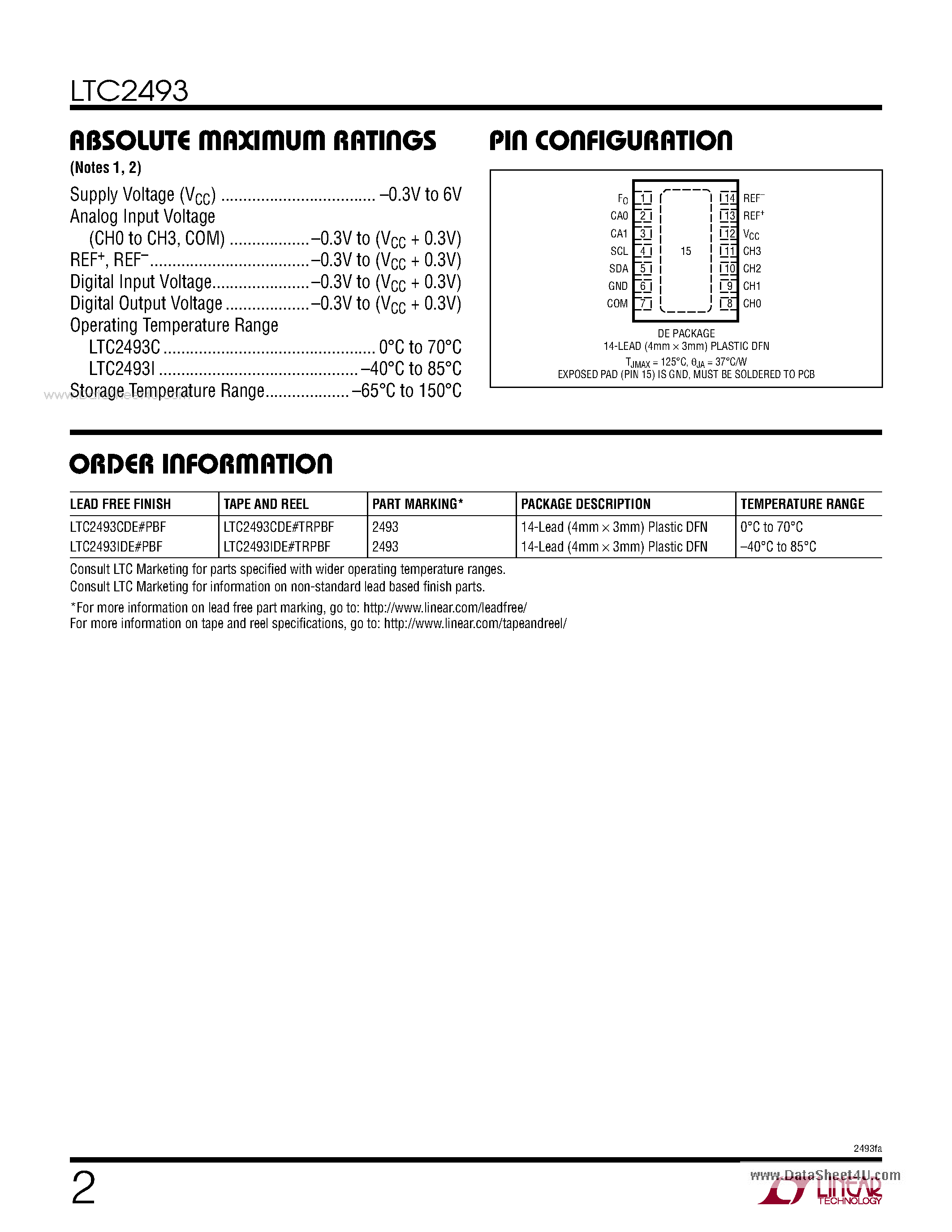 Даташит LTC2493 - 24-Bit 2-/4-Channel ADC страница 2