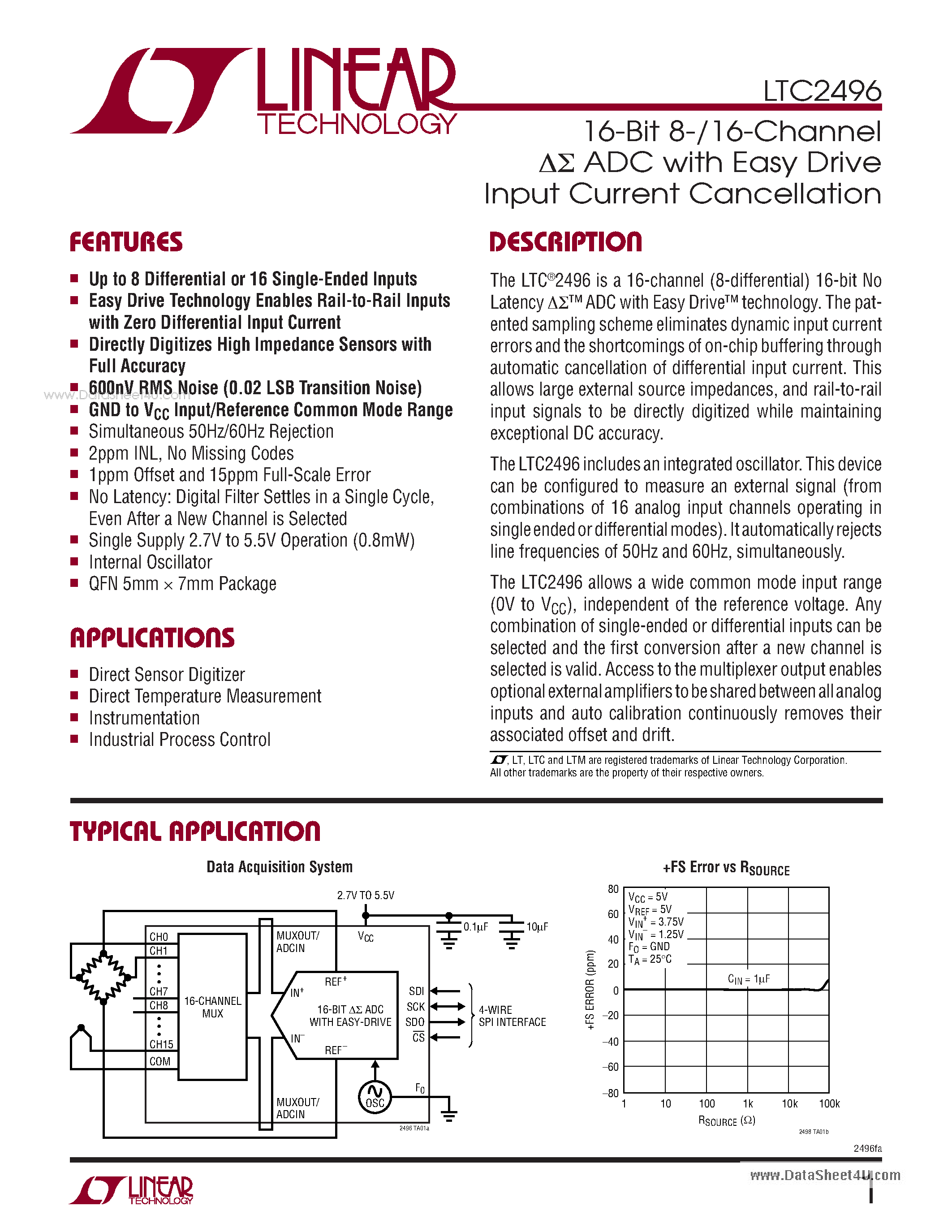 Datasheet LTC2496 - 16-Bit 8-/16-Channel ADC page 1