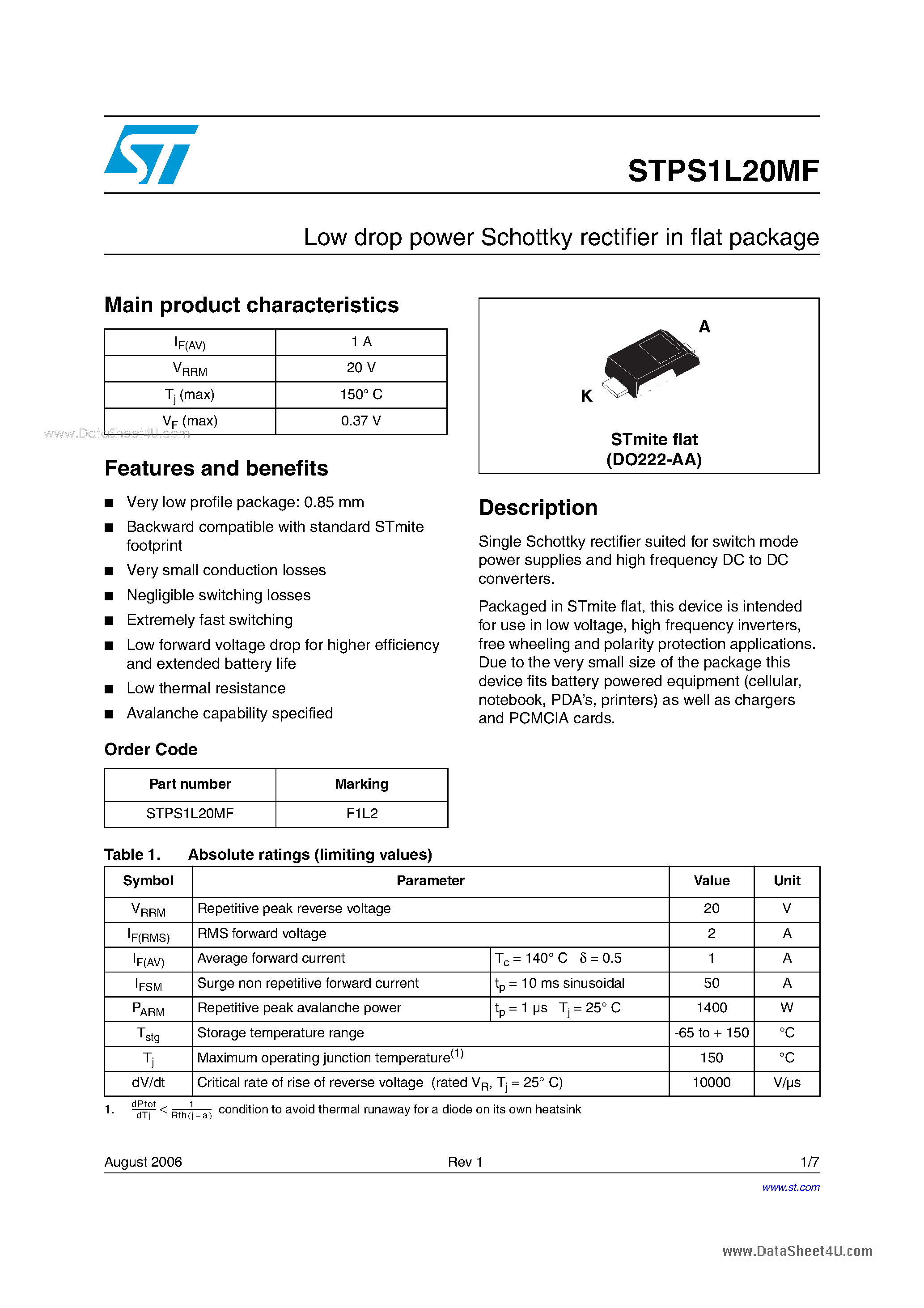 Datasheet STPS1L20MF - Low drop power Schottky rectifier page 1