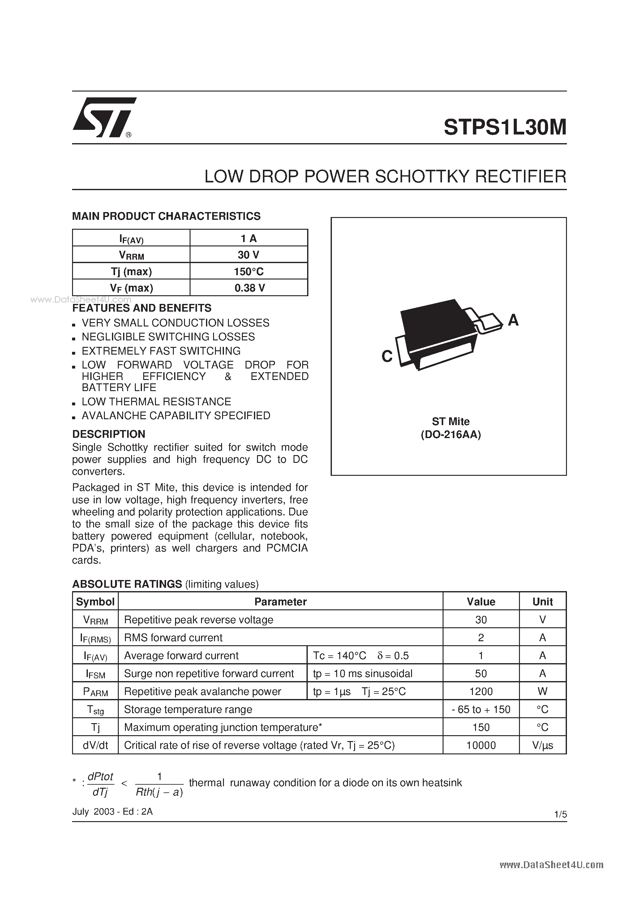 Datasheet STPS1L30M - LOW DROP POWER SCHOTTKY RECTIFIER page 1