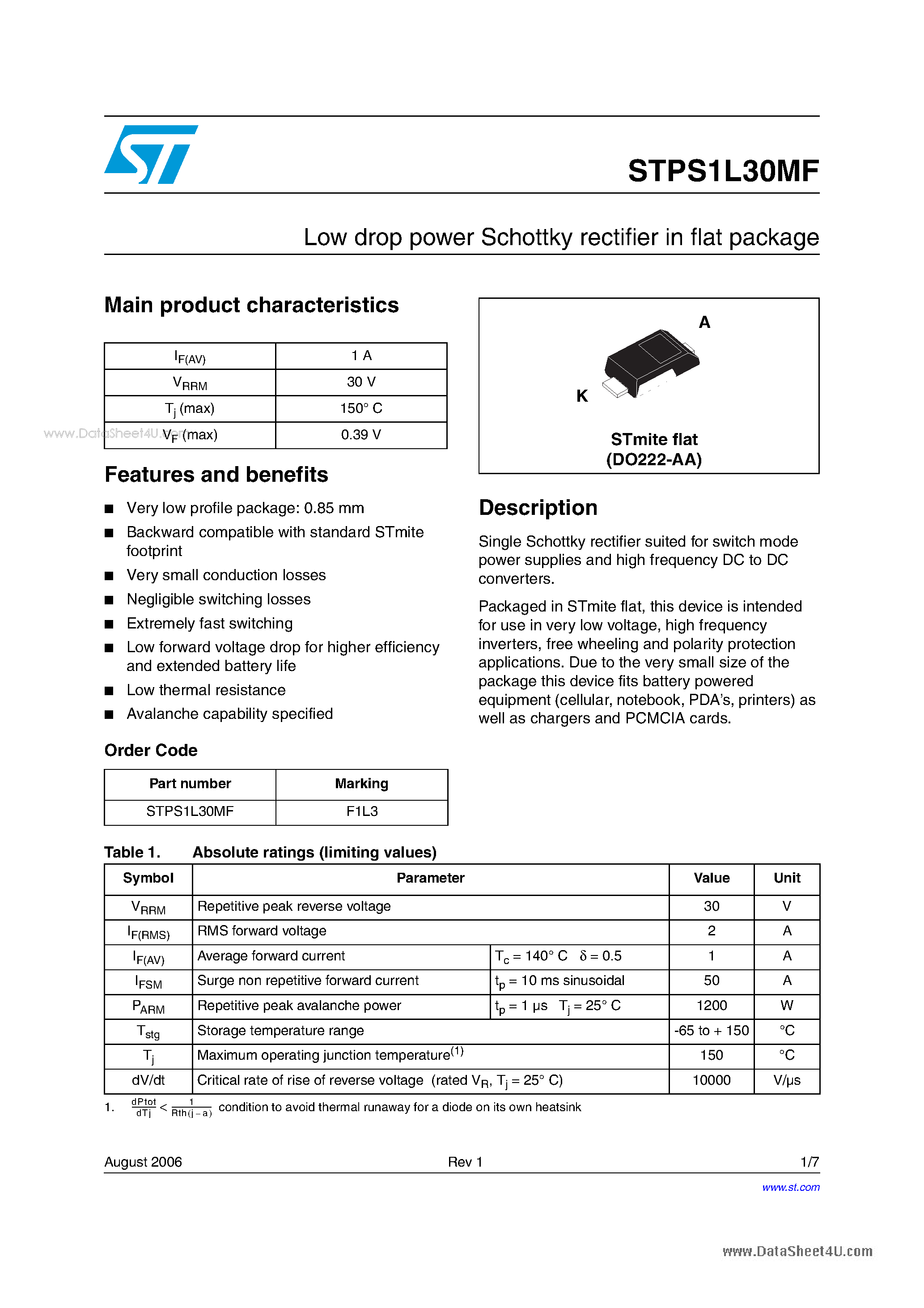 Datasheet STPS1L30MF - Low drop power Schottky rectifier page 1