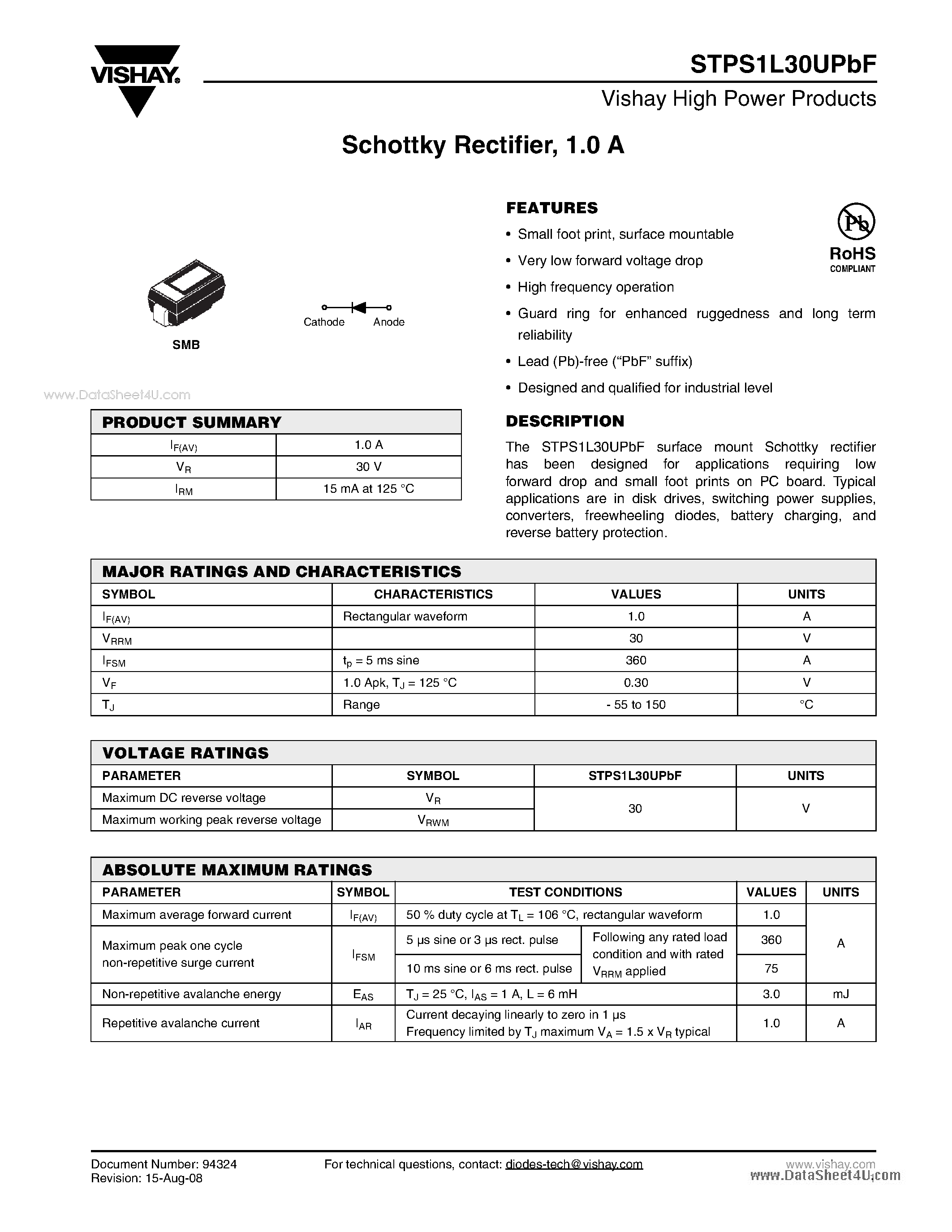 Datasheet STPS1L30UPBF page 1 Datasheet STPS1L30UPBF - Schottky Rectifier page 1