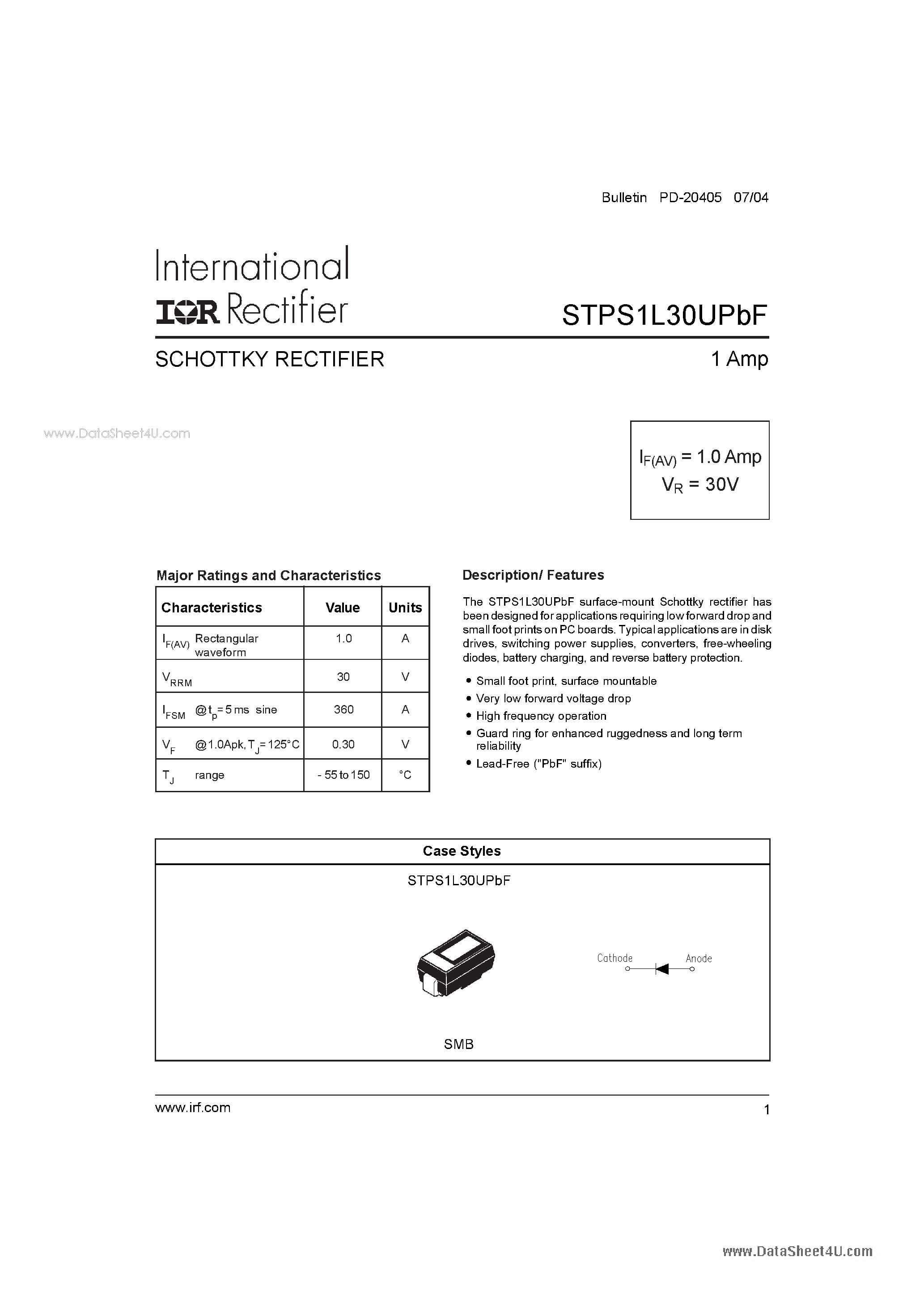 Datasheet STPS1L30UPBF page 1 Datasheet STPS1L30UPBF - SCHOTTKY RECTIFIER page 1