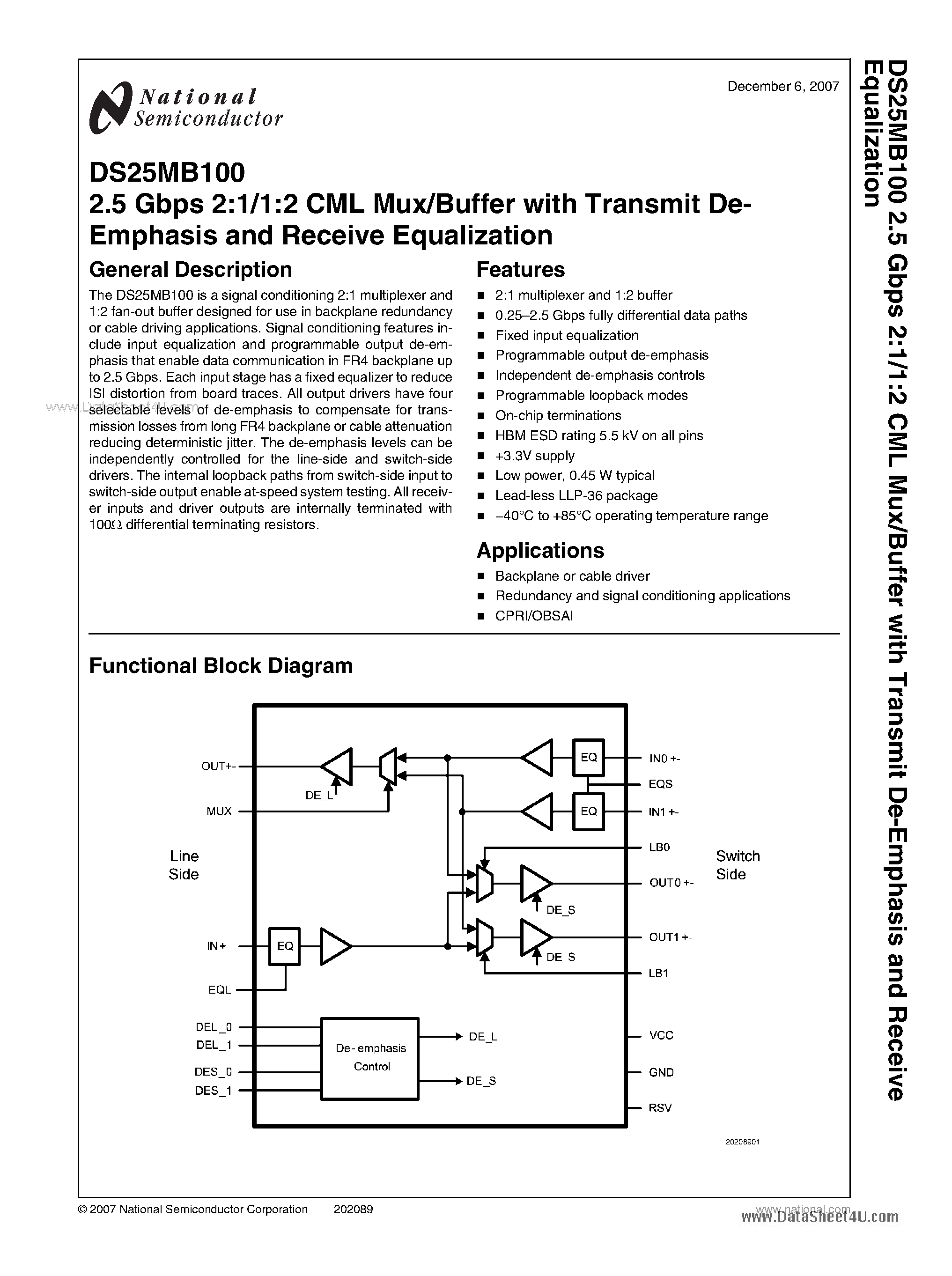 Datasheet DS25MB100 page 1 Datasheet DS25MB100 - 2.5 Gbps 2:1/1:2 CML Mux/Buffer page 1