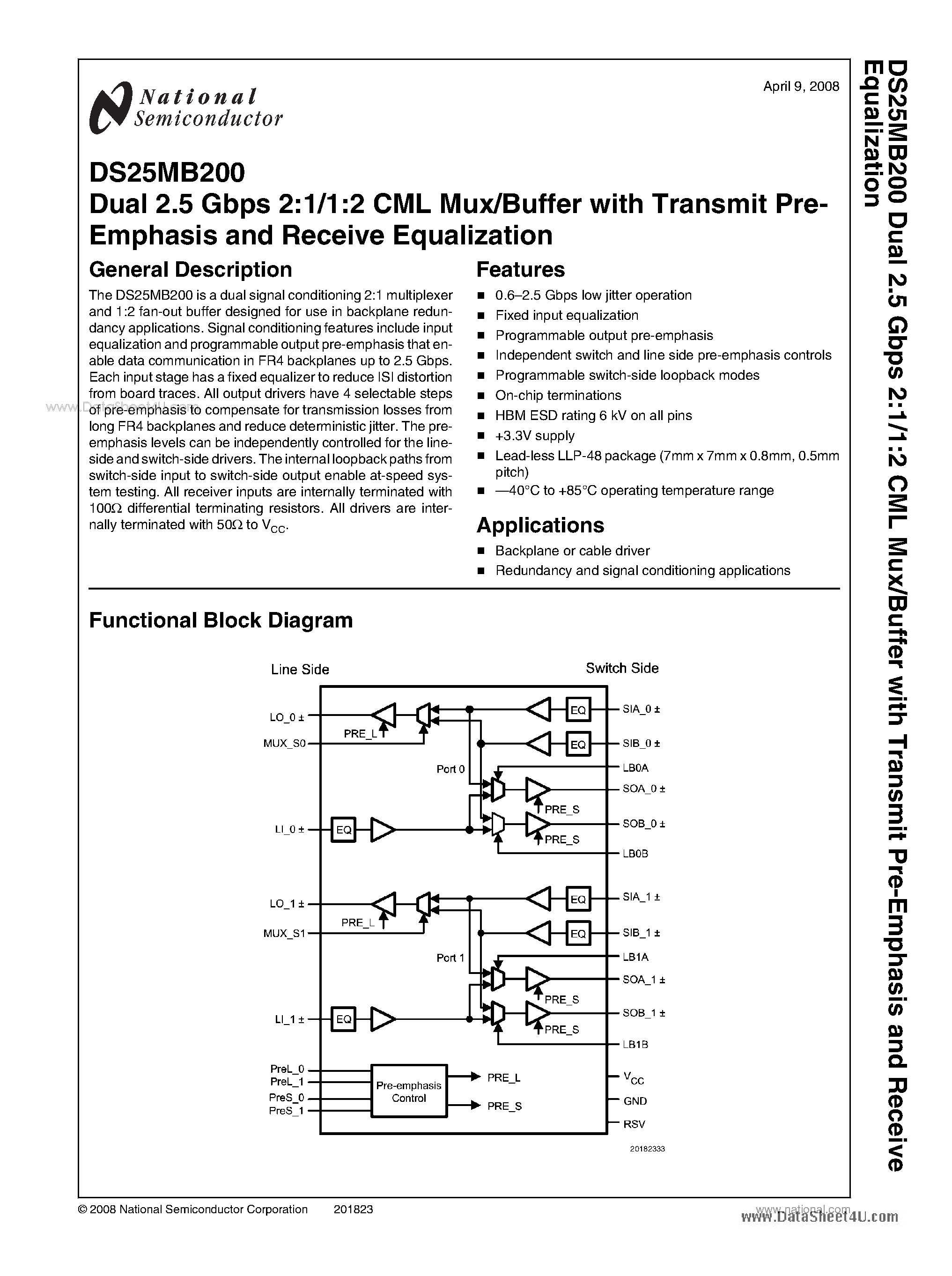 Datasheet DS25MB200 - Dual 2.5 Gbps 2:1/1:2 CML Mux/Buffer page 1