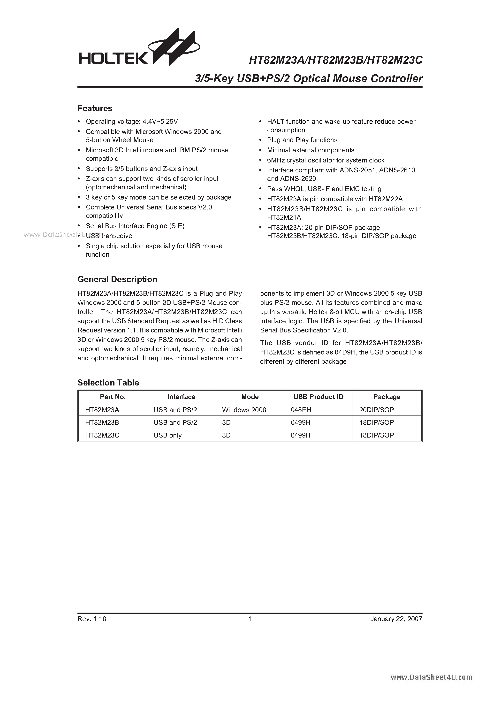 Datasheet HT82M23A - 3/5-Key USBPS/2 Optical Mouse Controller page 1