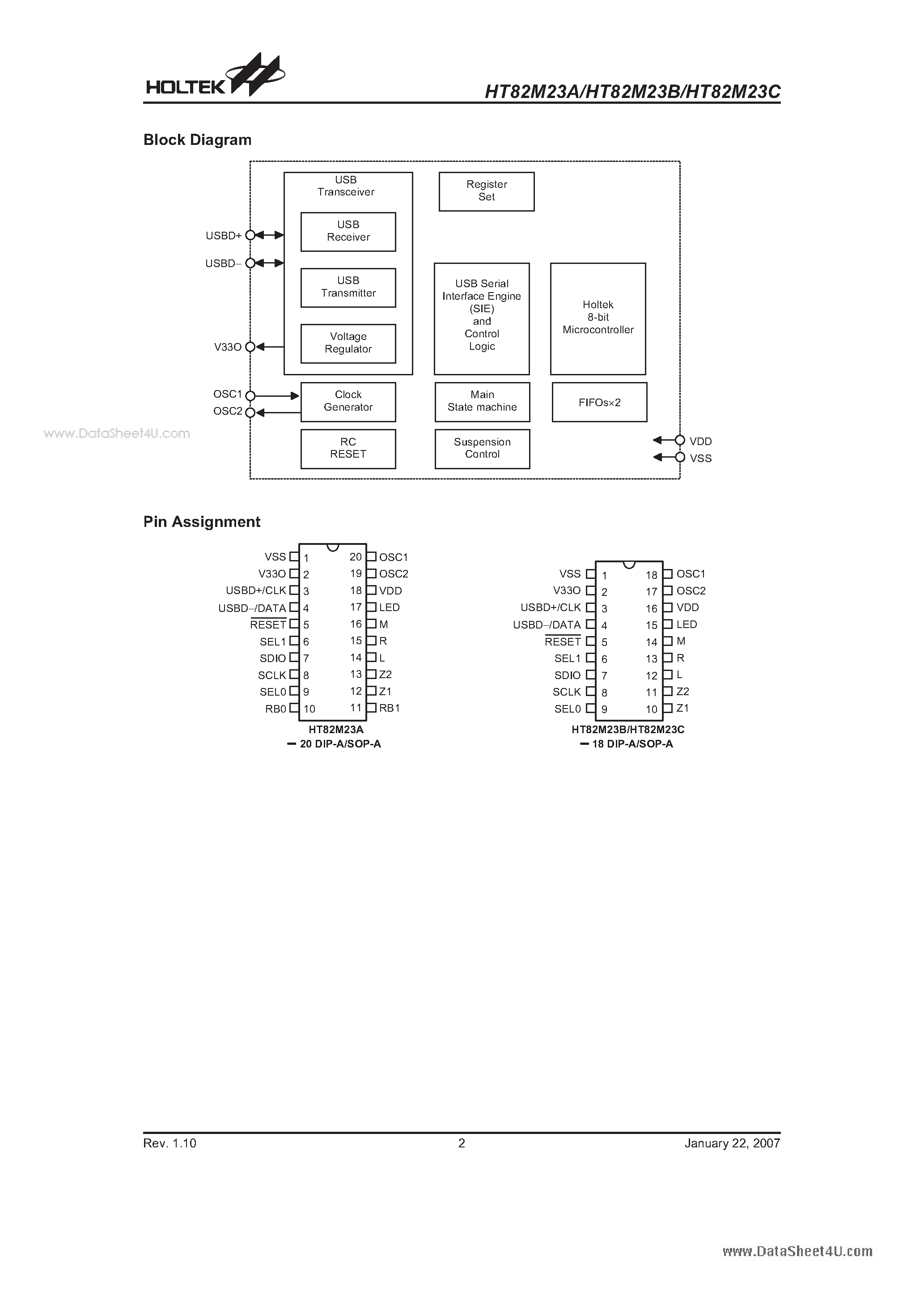 Datasheet HT82M23A - 3/5-Key USBPS/2 Optical Mouse Controller page 2