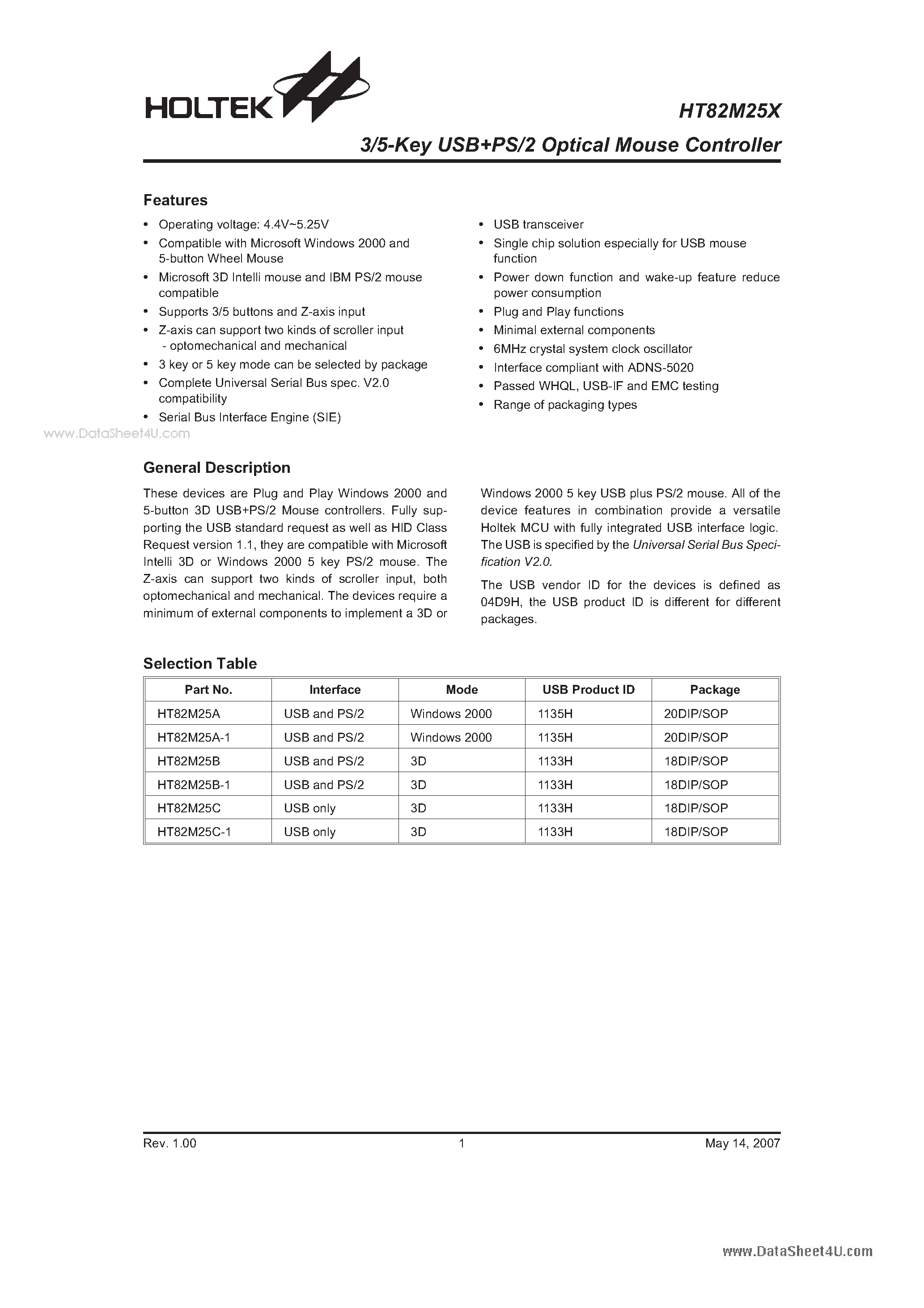 Datasheet HT82M25X - 3/5-Key USB+PS/2 Optical Mouse Controller page 1