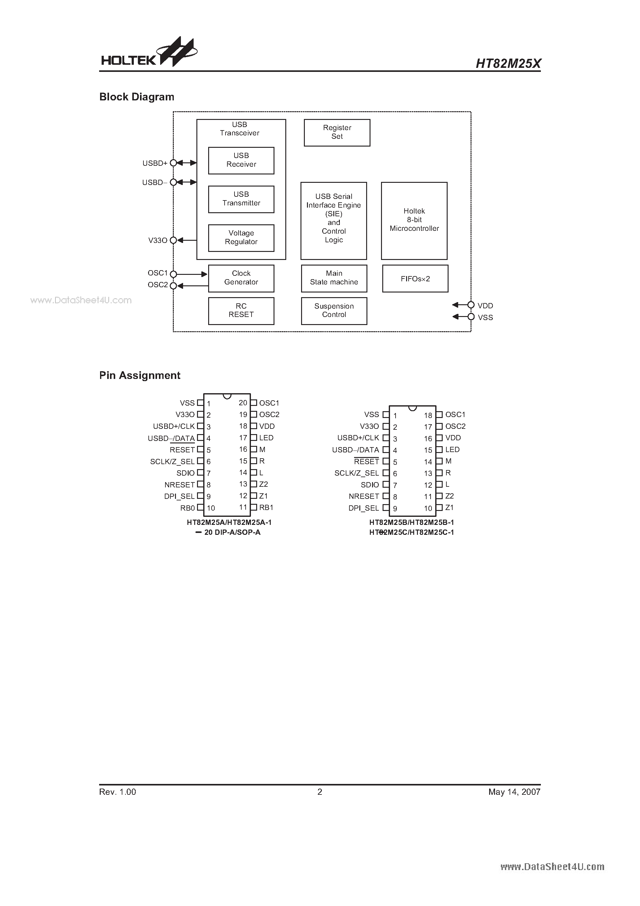 Datasheet HT82M25X - 3/5-Key USB+PS/2 Optical Mouse Controller page 2