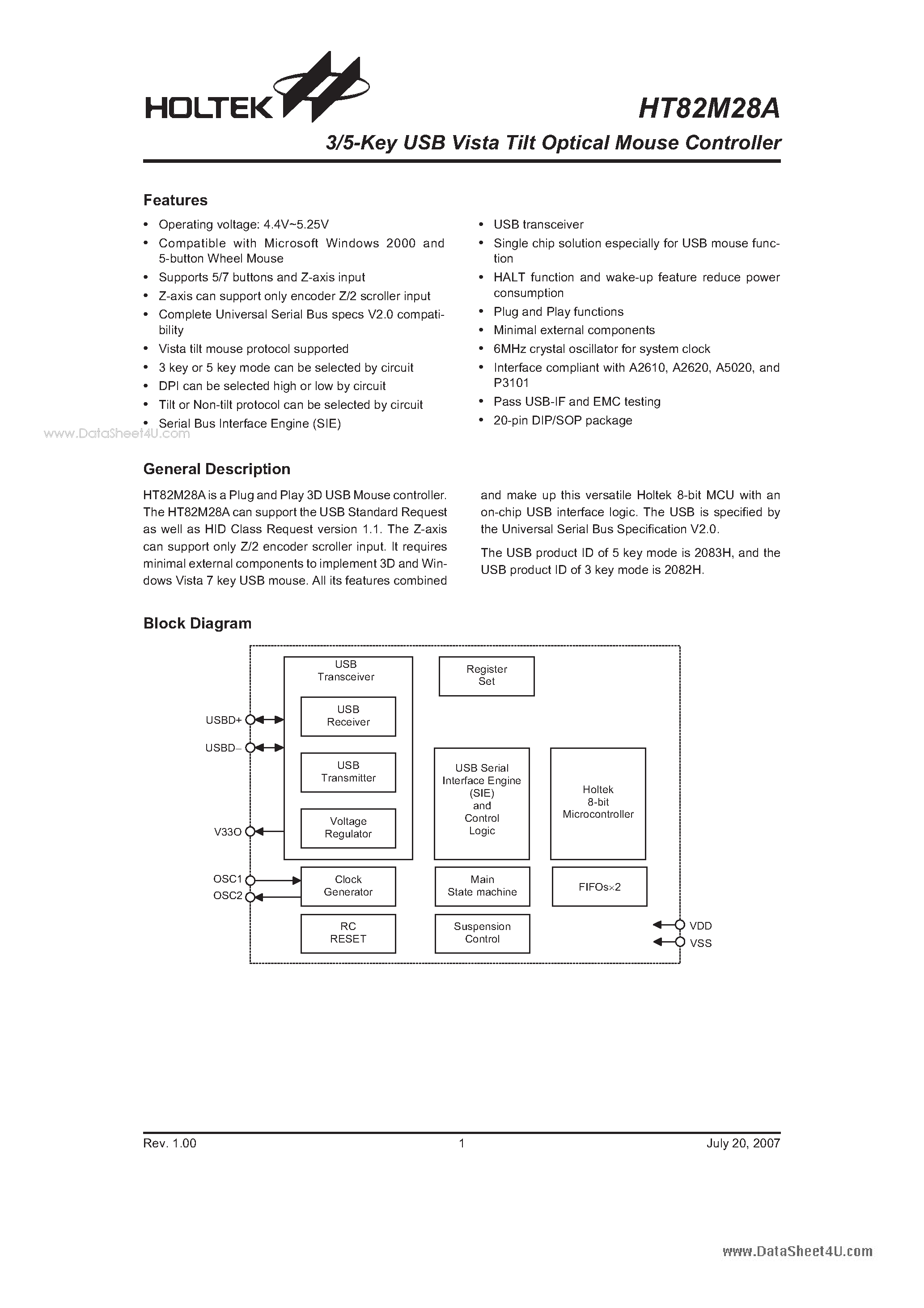 Datasheet HT82M28A page 1 Datasheet HT82M28A - 3/5-Key USB Vista Tilt Optical Mouse Controller page 1