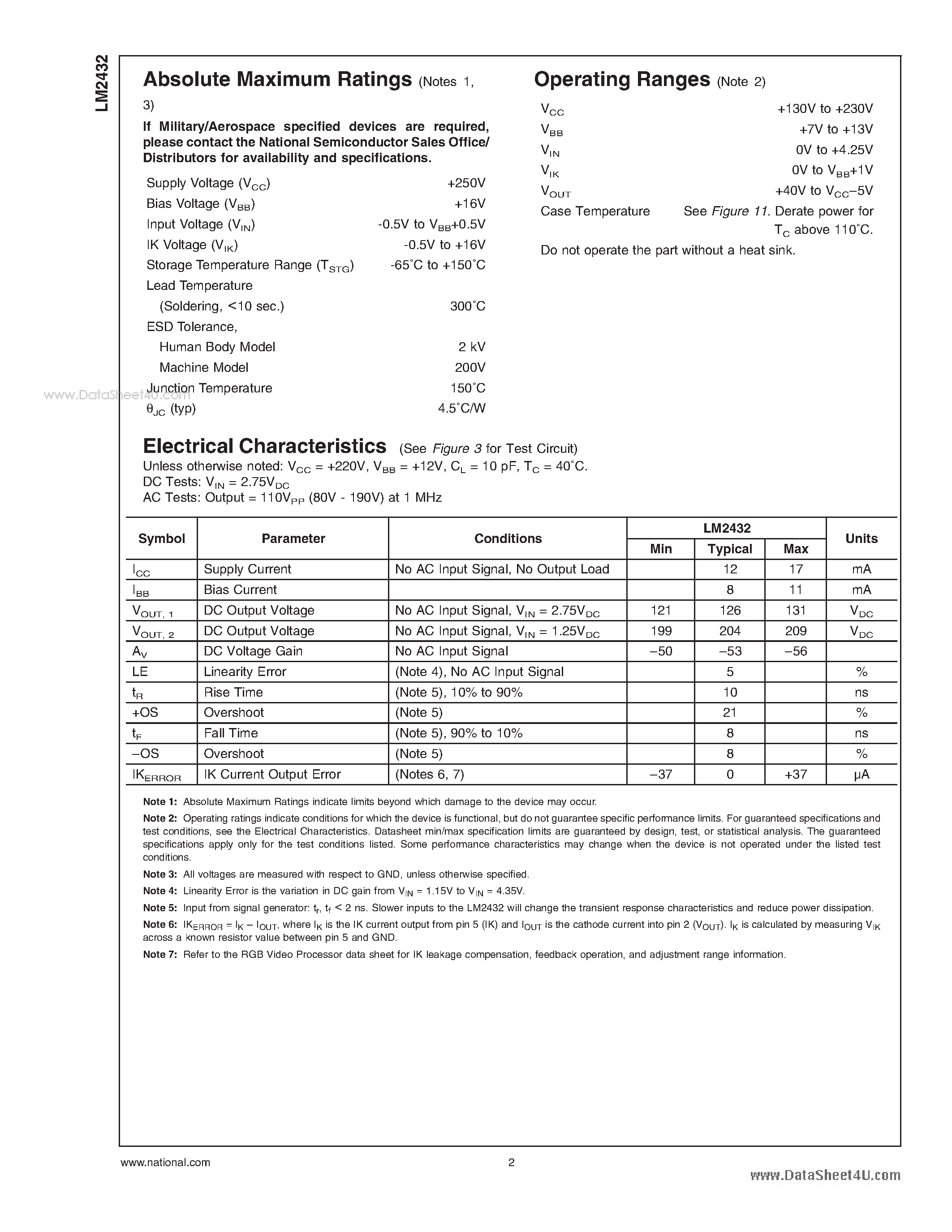 Даташит на микросхему LM2432 страница 2 Даташит LM2432 - 220V Monolithic Single Channel 37 MHz HDTV CRT Driver страница 2