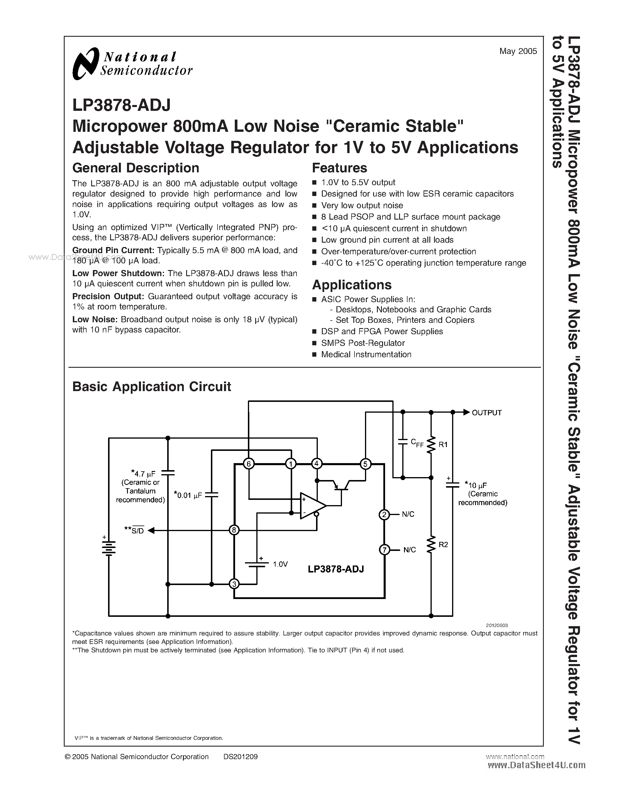 Даташит на микросхему LP3878-ADJ страница 1 Даташит LP3878-ADJ - Micropower 800mA Low Noise(Ceramic Stable) Adjustable Voltage Regulator страница 1