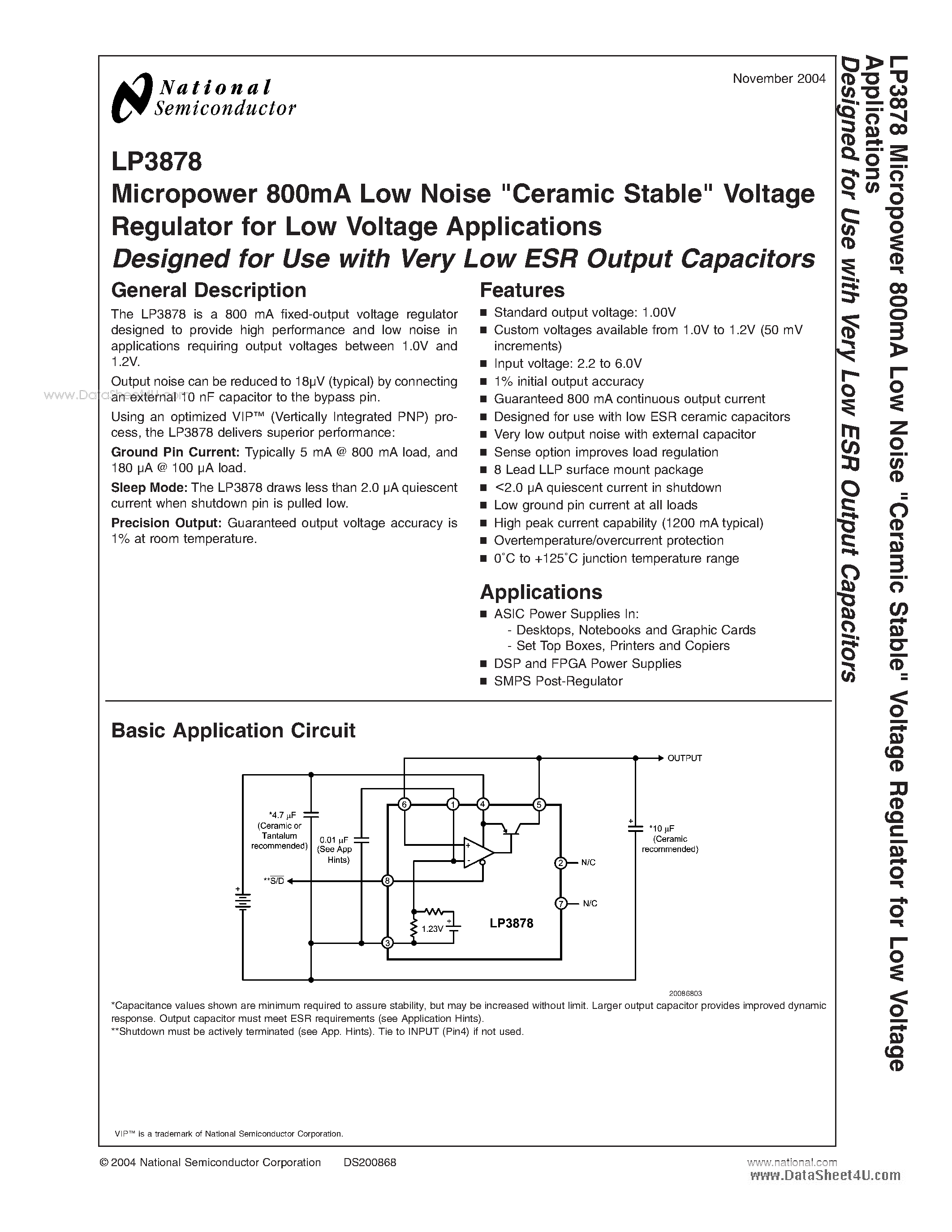 Даташит на микросхему LP3878 страница 1 Даташит LP3878 - Micropower 800mA Low Noise Ceramic Stable Voltage Regulator страница 1