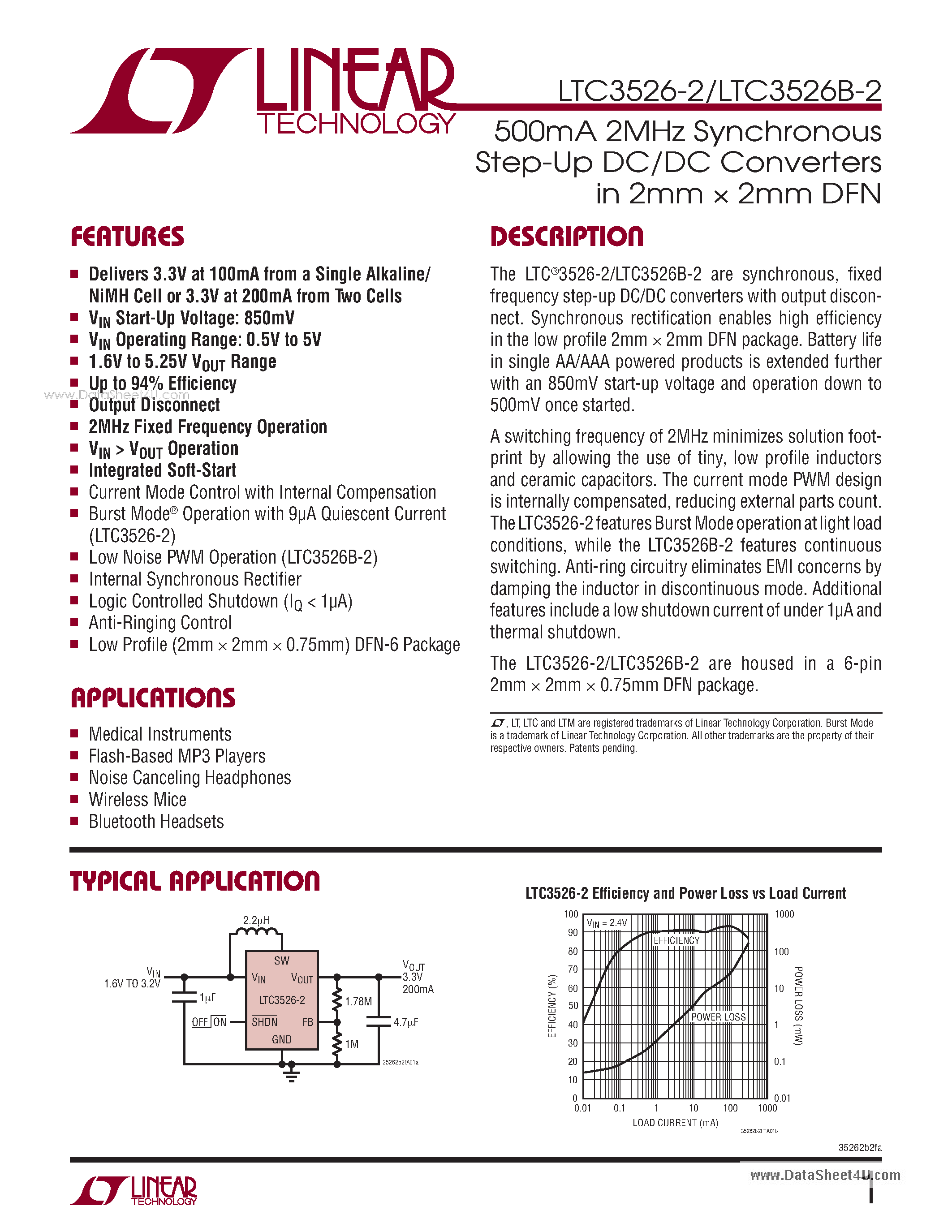 Datasheet LTC3526-2 - 500mA 2MHz Synchronous Step-Up DC/DC Converters page 1