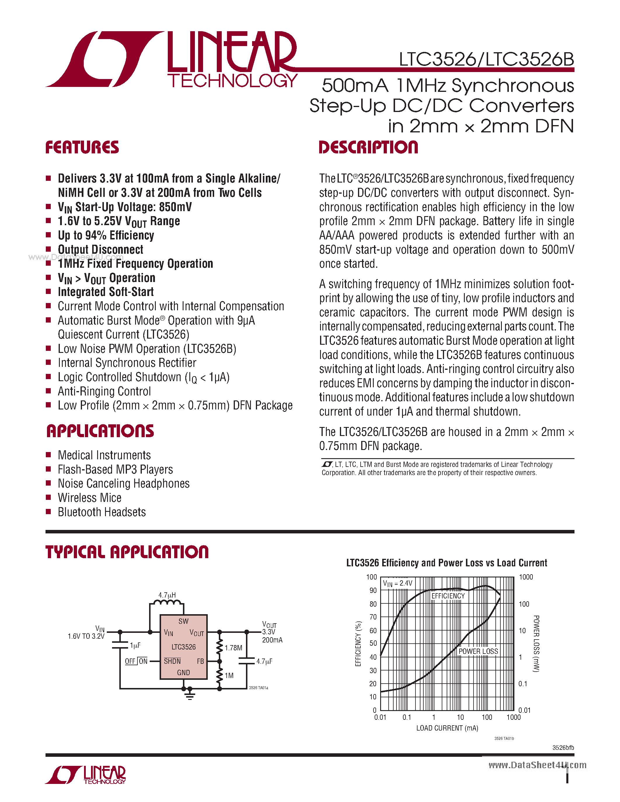 Datasheet LTC3526 - 500mA 1MHz Synchronous Step-Up DC/DC Converters page 1