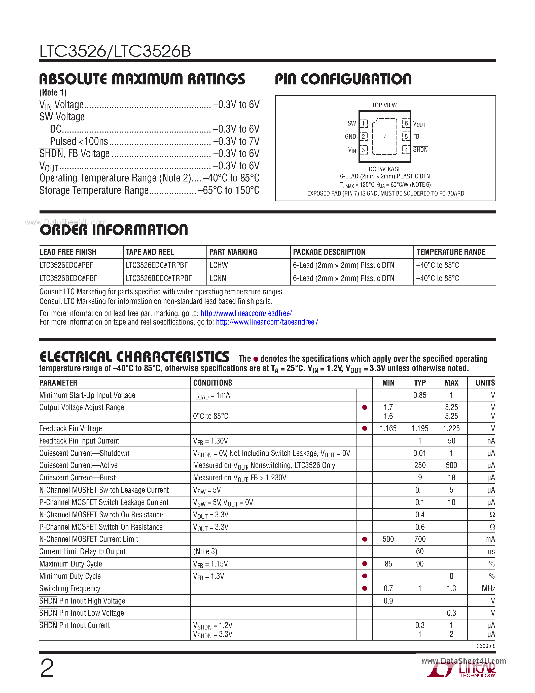 Datasheet LTC3526 - 500mA 1MHz Synchronous Step-Up DC/DC Converters page 2