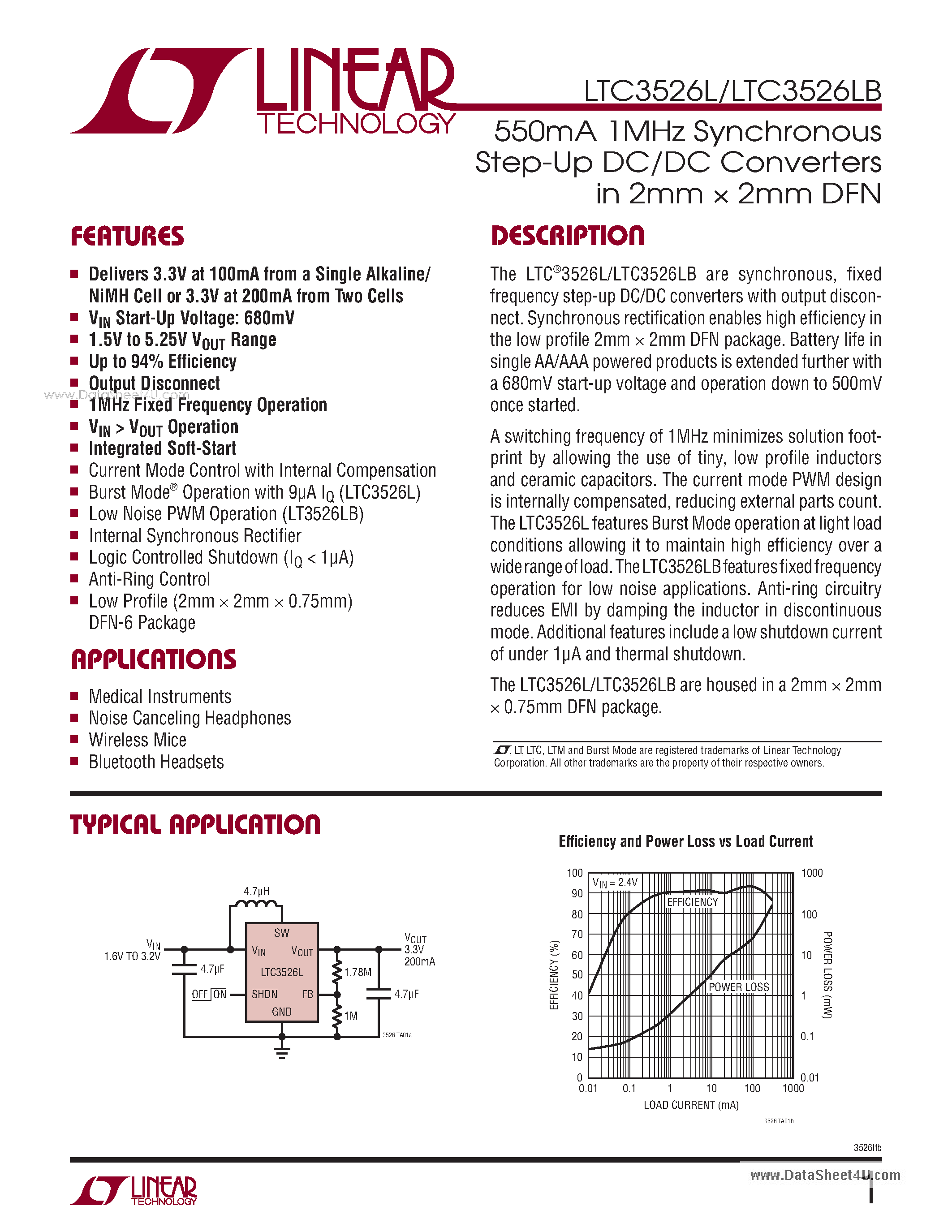 Datasheet LTC3526L page 1 Datasheet LTC3526L - 500mA 1MHz Synchronous Step-Up DC/DC Converters page 1