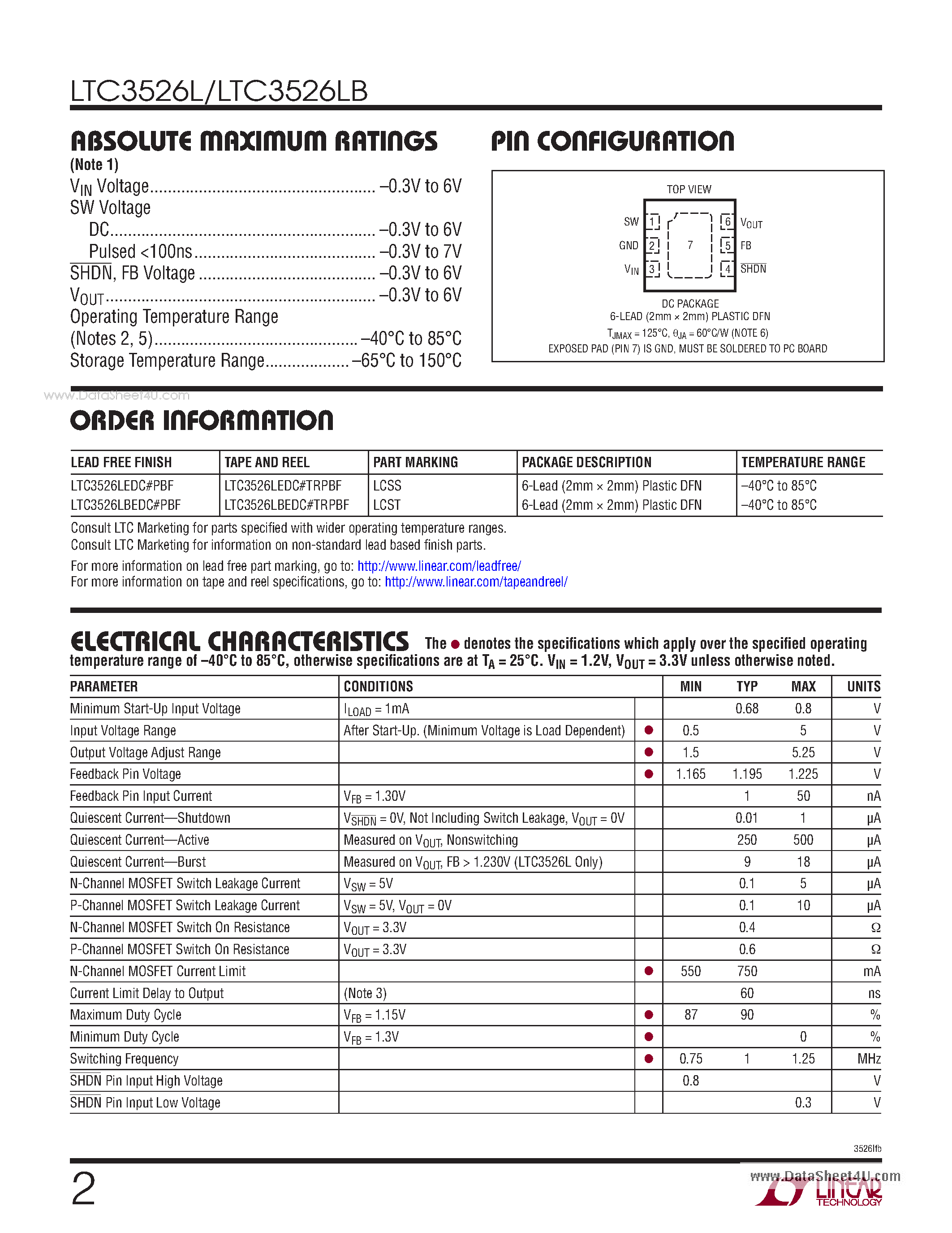Datasheet LTC3526L page 2 Datasheet LTC3526L - 500mA 1MHz Synchronous Step-Up DC/DC Converters page 2