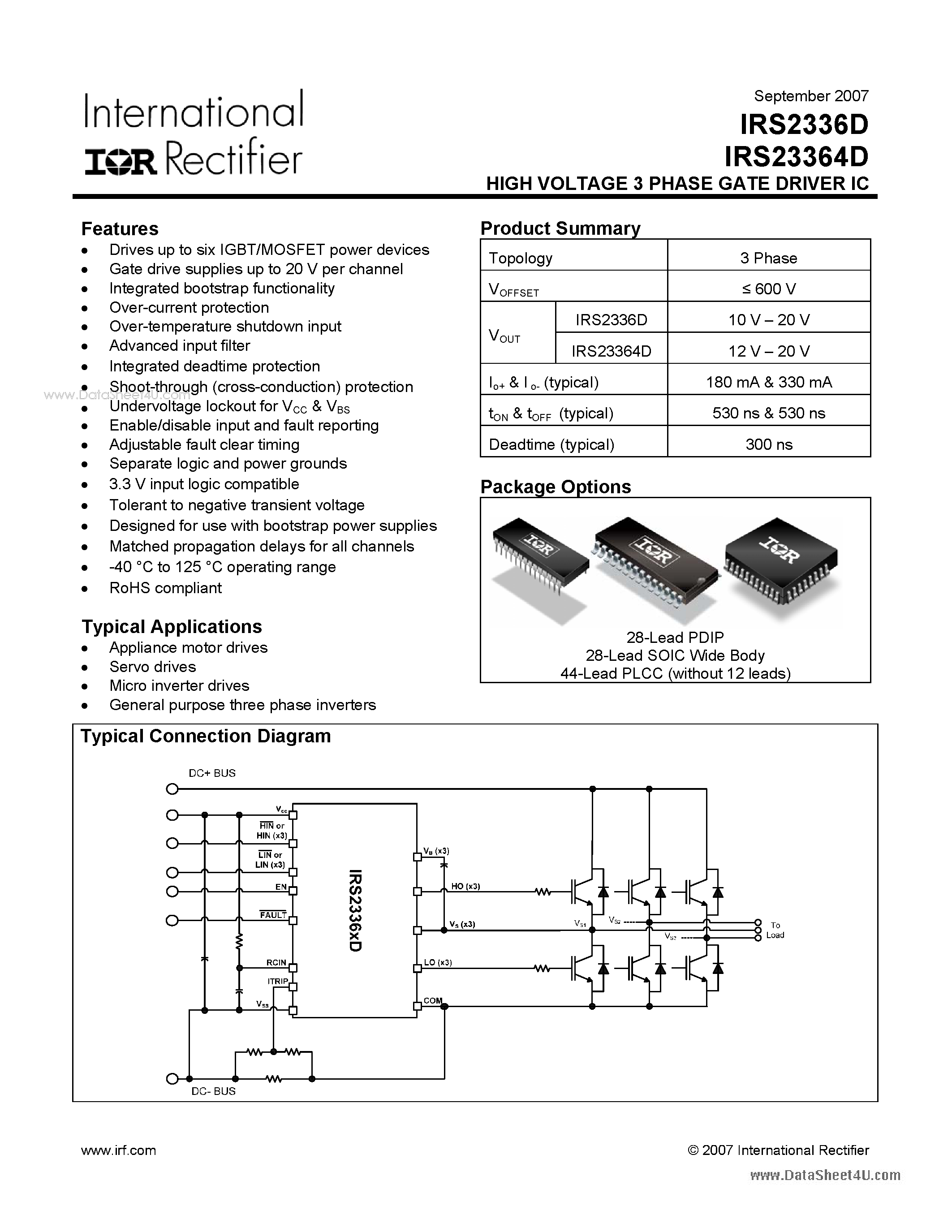 Datasheet IRS23364D - HIGH VOLTAGE 3 PHASE GATE DRIVER IC page 1
