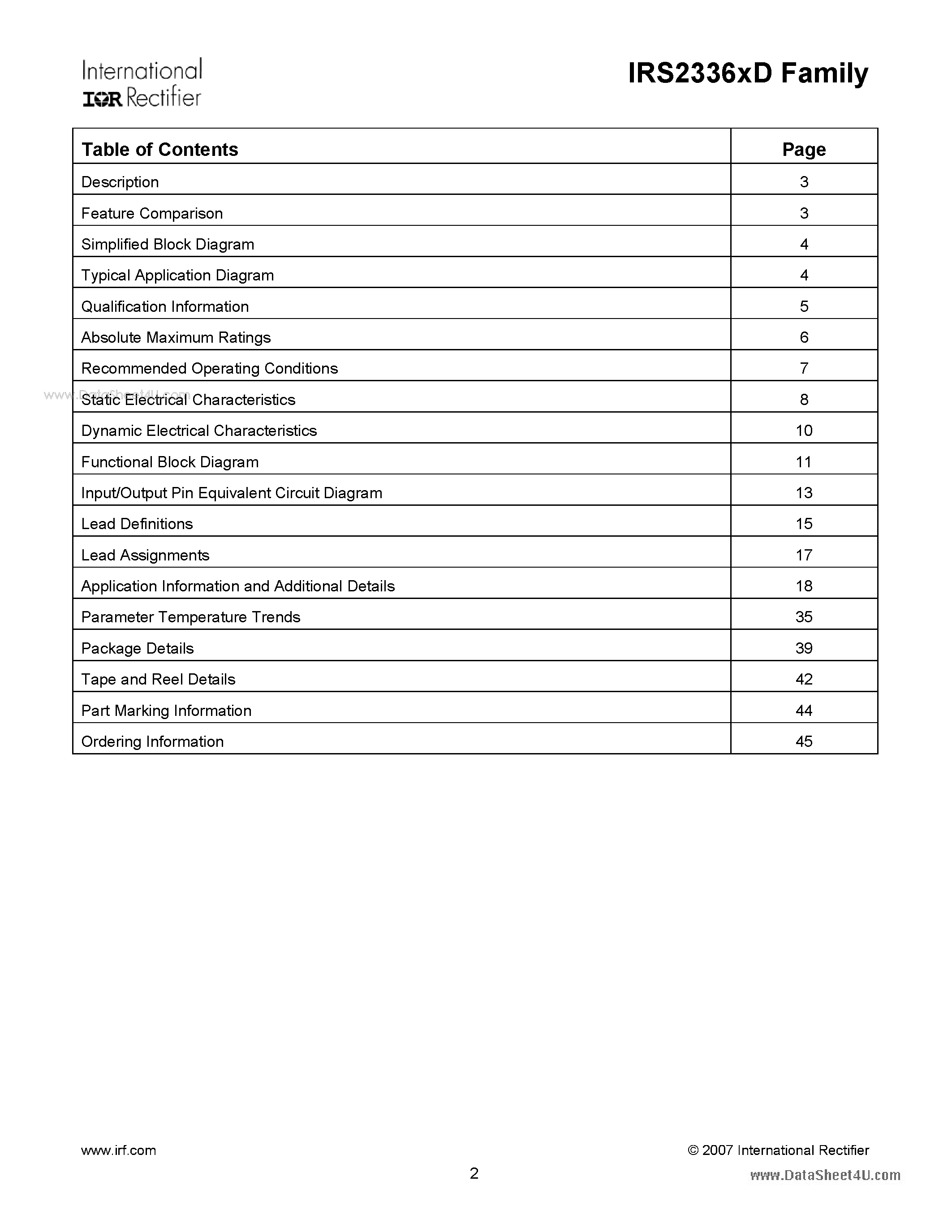 Datasheet IRS23364D - HIGH VOLTAGE 3 PHASE GATE DRIVER IC page 2