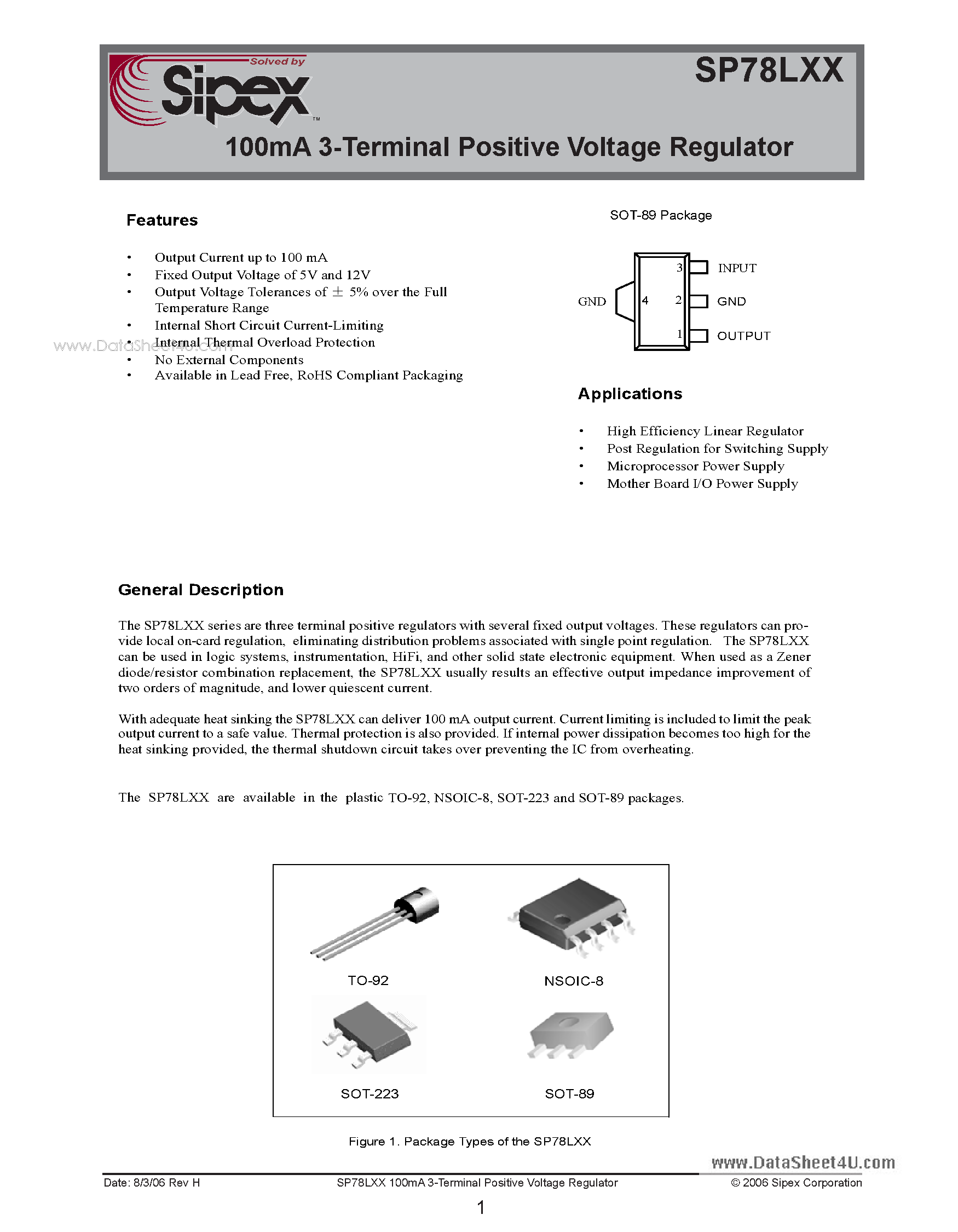 Datasheet SP78LXX - 100mA 3-Terminal Positive Voltage Regulator page 1