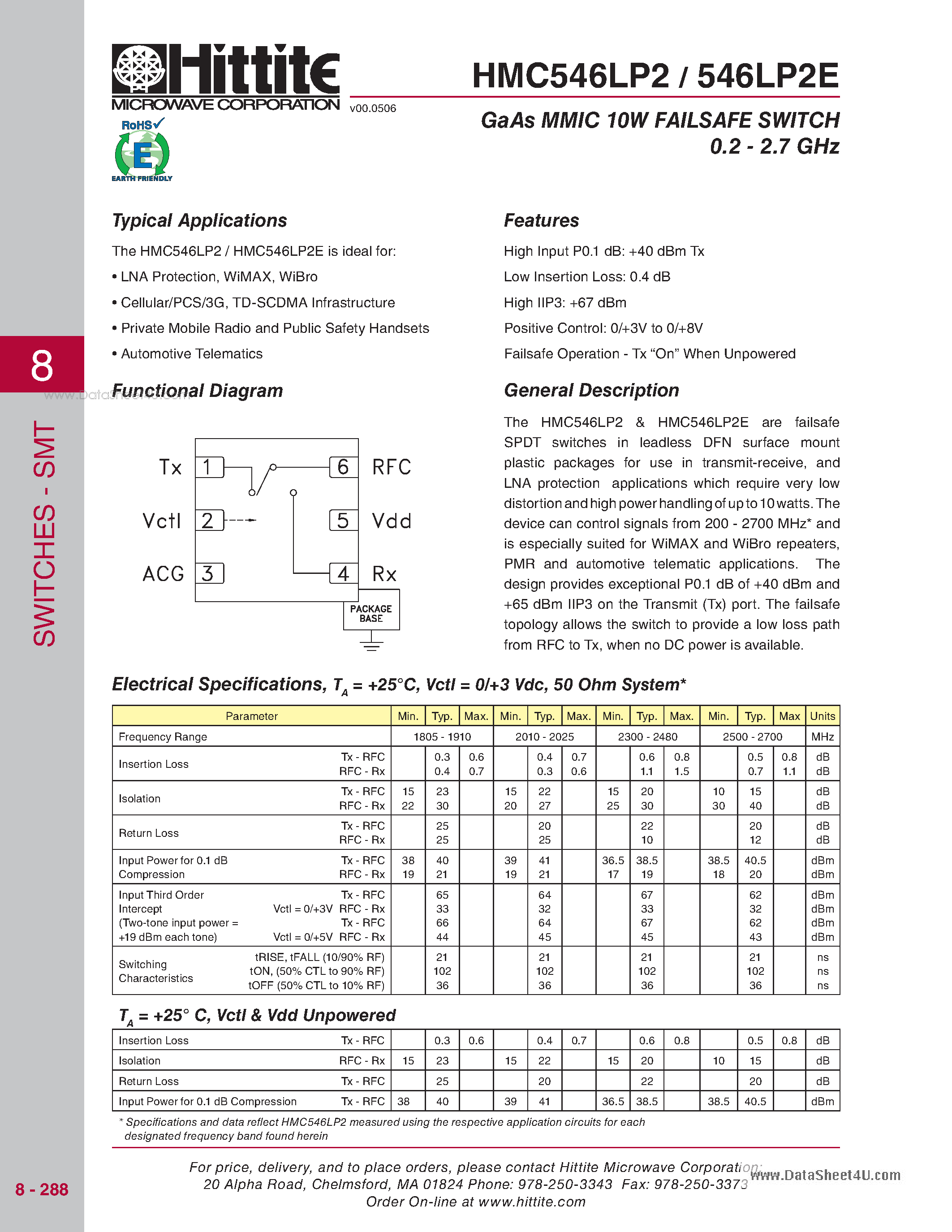 Datasheet HMC546LP2 page 1 Datasheet HMC546LP2 - GaAs MMIC 10W FAILSAFE SWITCH 0.2 - 2.7 GHz page 1