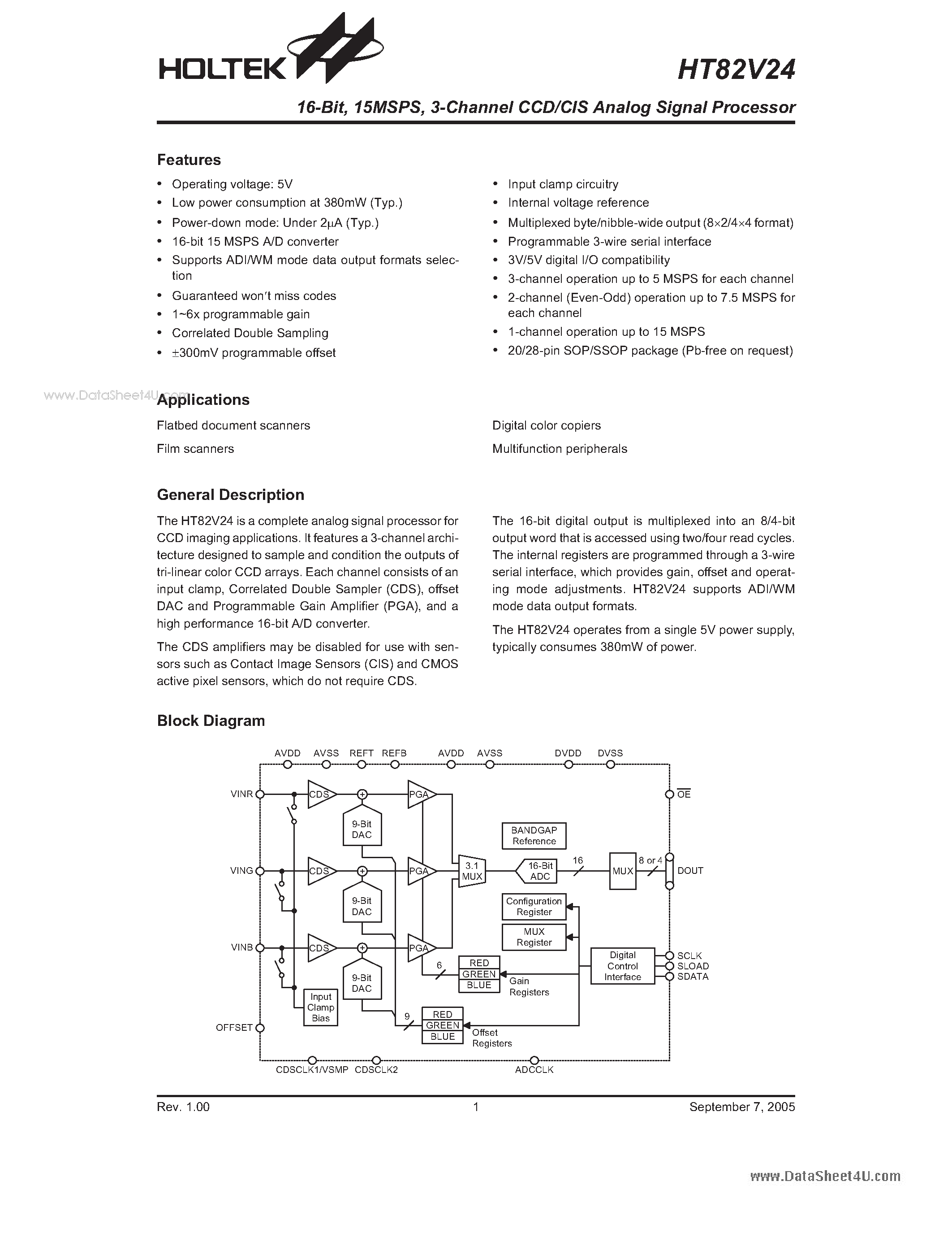 Даташит HT82V24 - 3-Channel CCD/CIS Analog Signal Processor страница 1
