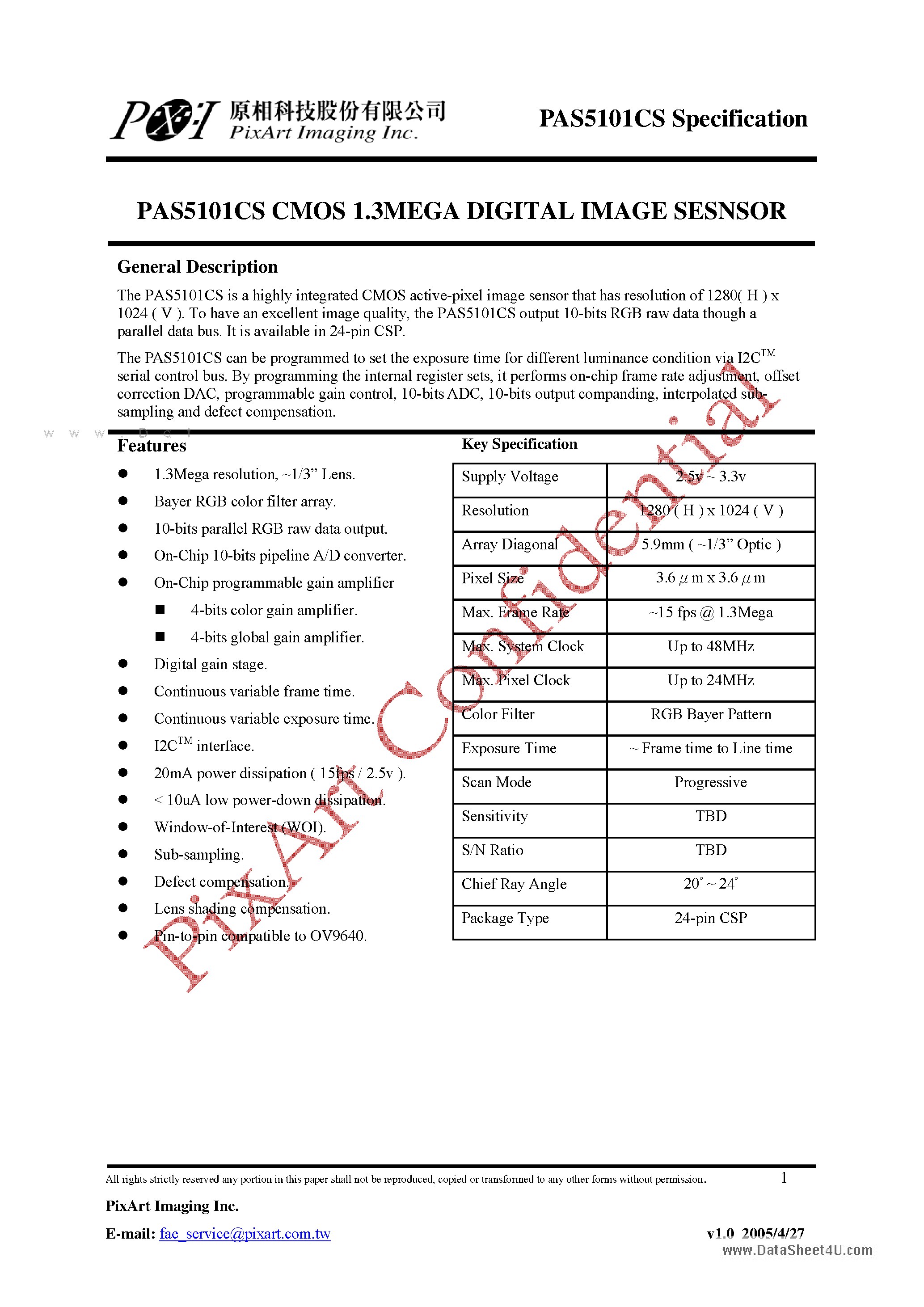 Datasheet PAS5101CS - CMOS 1.3MEGA DIGITAL IMAGE SESNSOR page 1