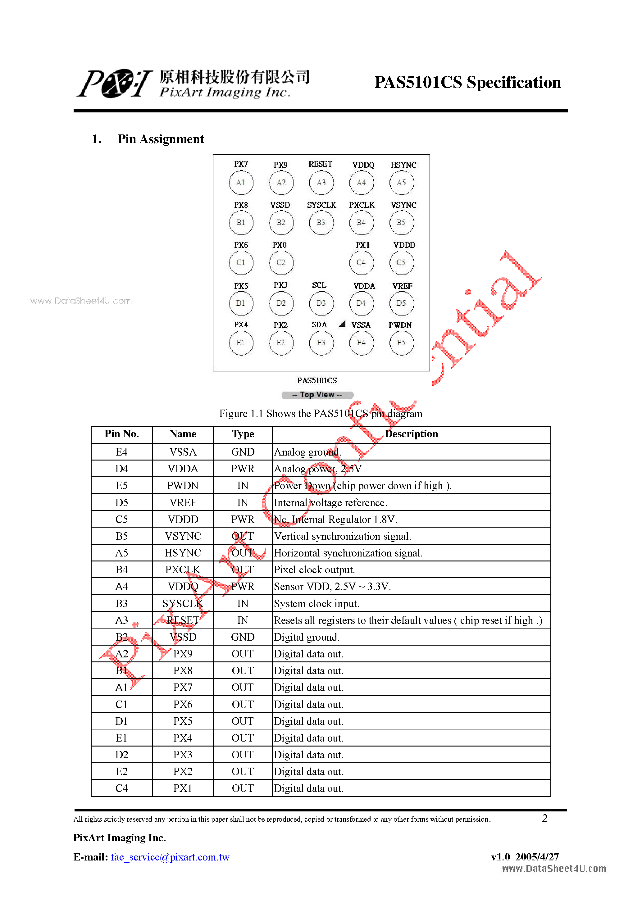 Datasheet PAS5101CS - CMOS 1.3MEGA DIGITAL IMAGE SESNSOR page 2
