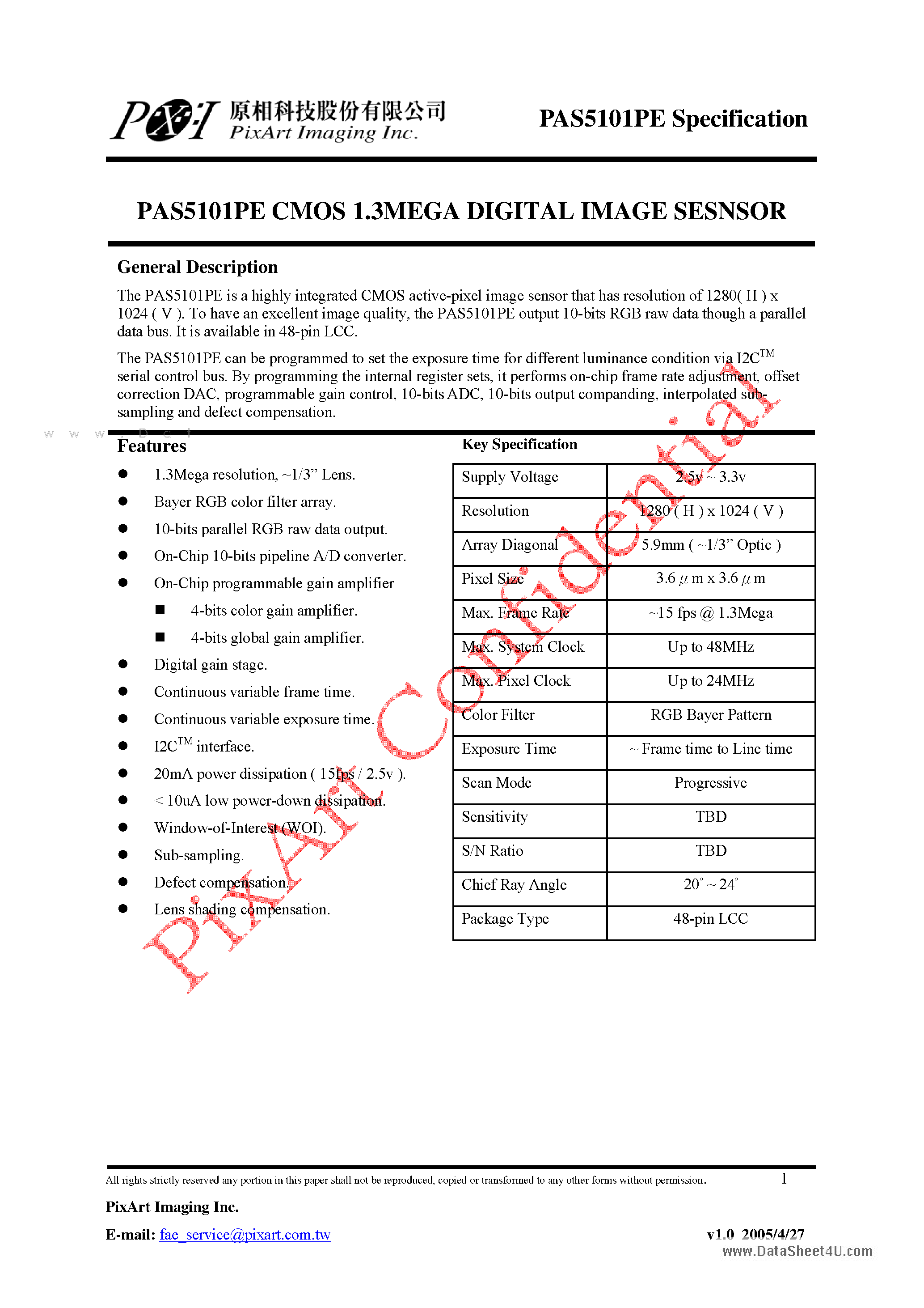 Datasheet PAS5101PE - CMOS 1.3MEGA DIGITAL IMAGE SESNSOR page 1