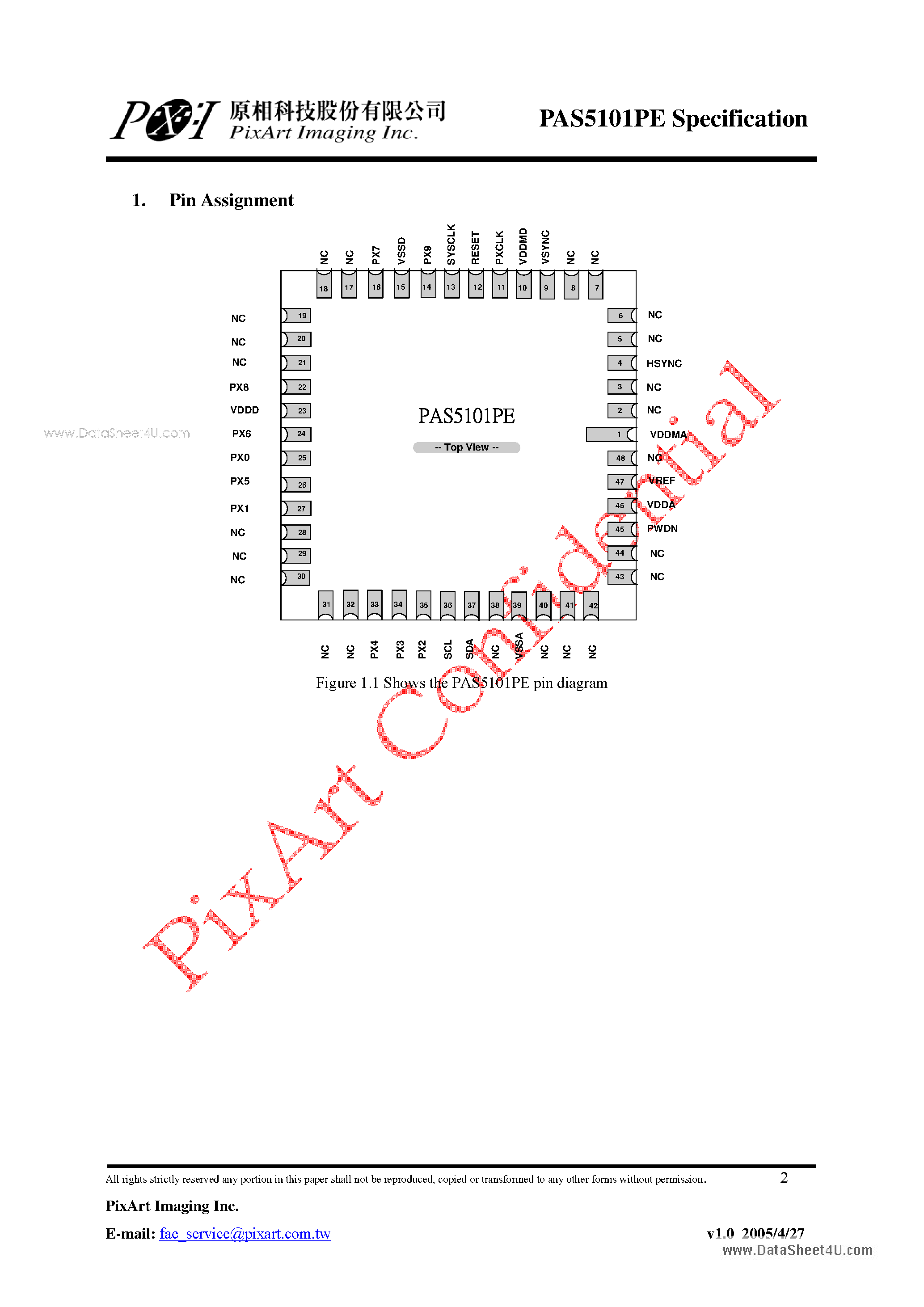 Datasheet PAS5101PE - CMOS 1.3MEGA DIGITAL IMAGE SESNSOR page 2
