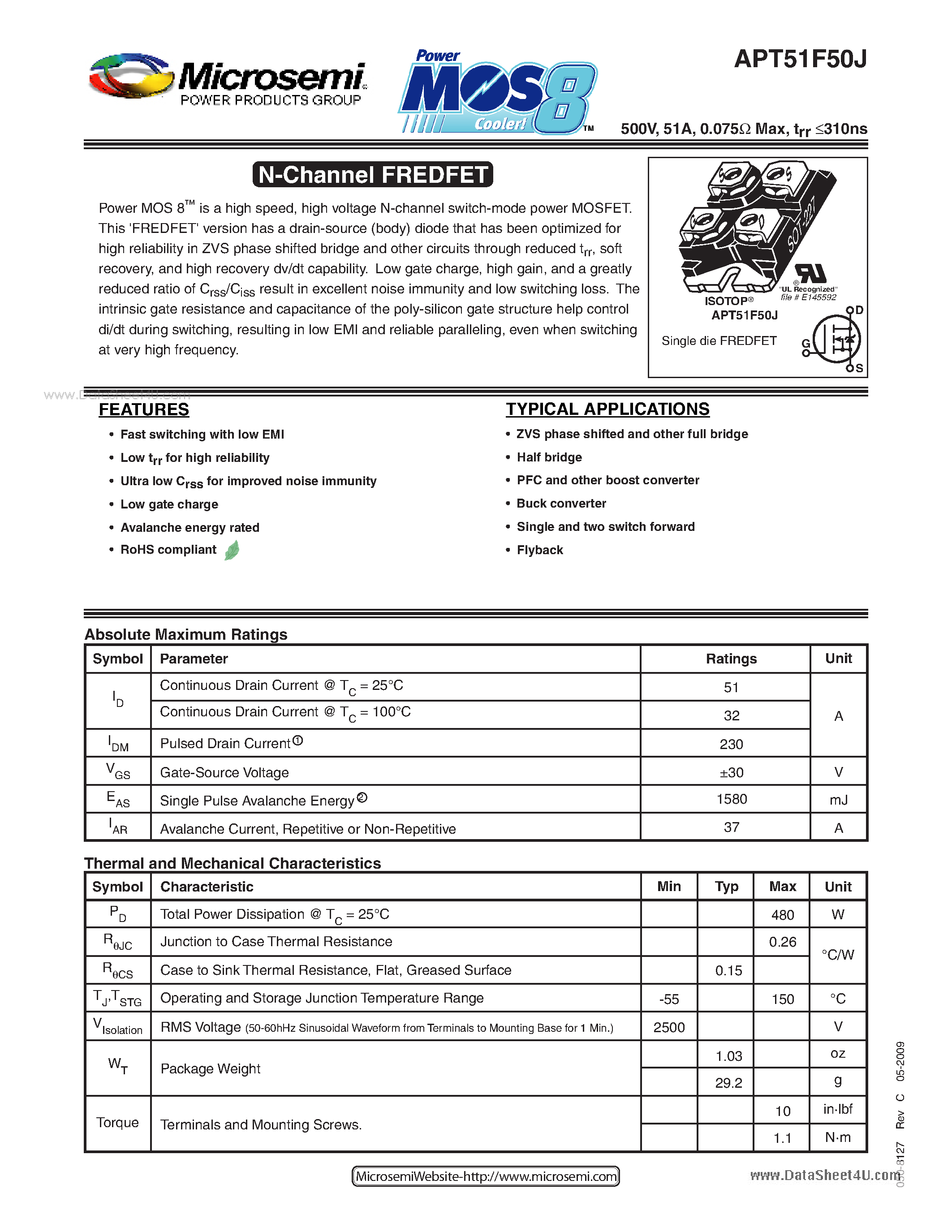 Datasheet APT51F50J - N-Channel FREDFET page 1