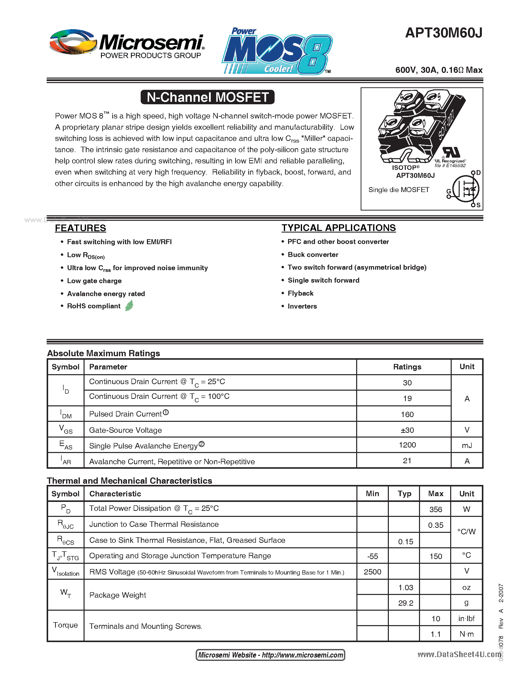 Datasheet APT30M60J - N-Channel MOSFET page 1