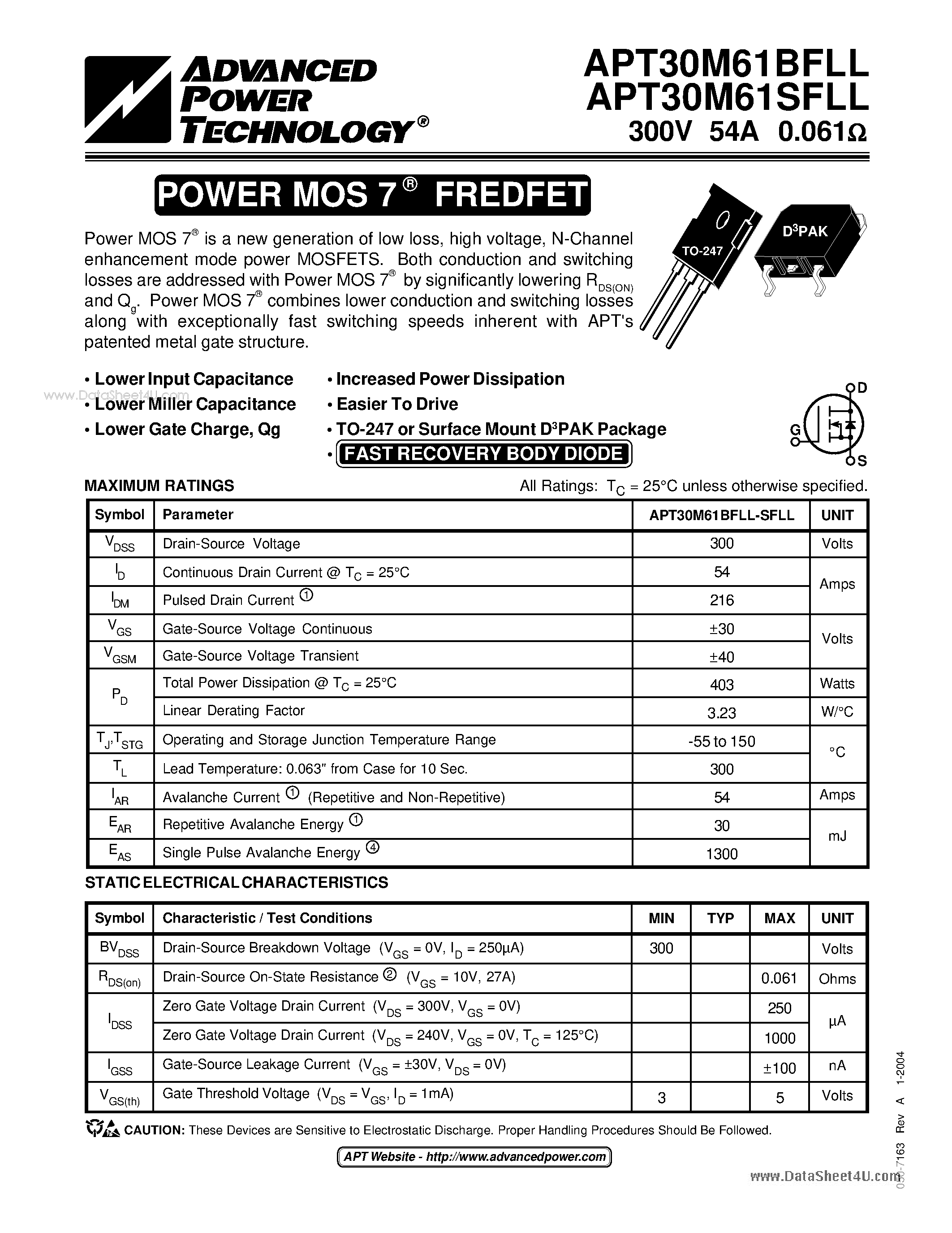 Datasheet APT30M61BFLL page 1 Datasheet APT30M61BFLL - POWER MOS 7 FREDFET page 1