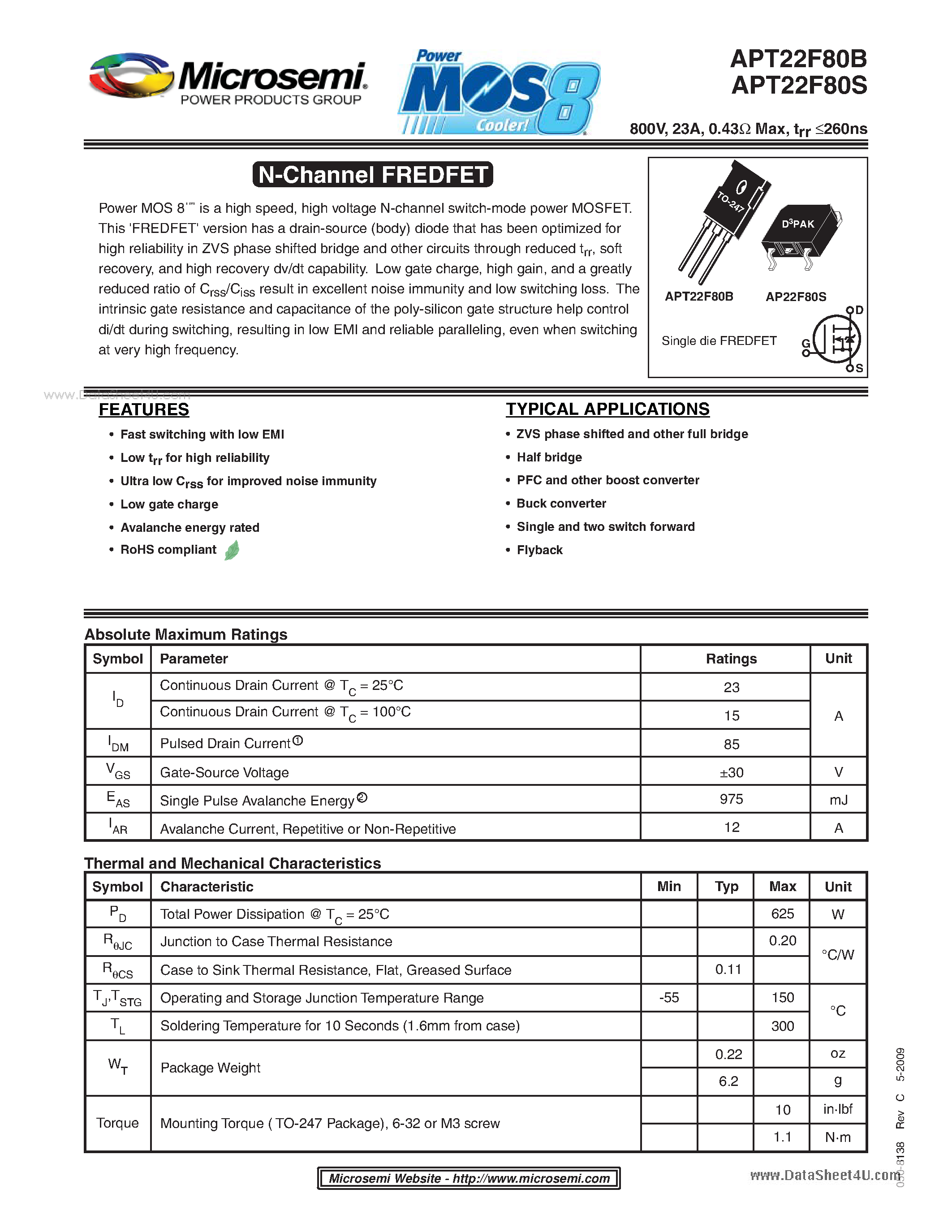 Datasheet APT22F80B - N-Channel FREDFET page 1