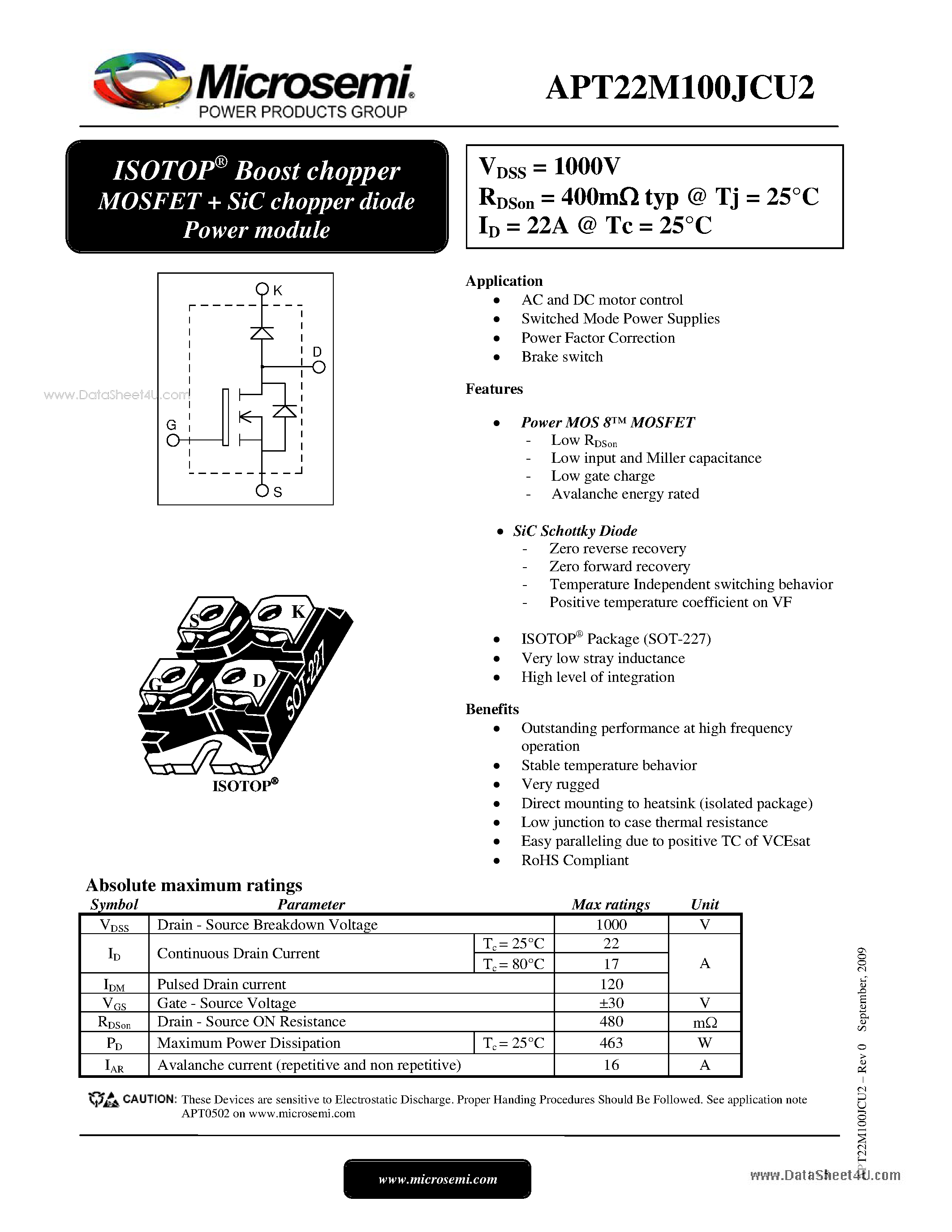 Datasheet APT22M100JCU2 - ISOTOP Buck chopper MOSFET SiC chopper diode Power module page 1