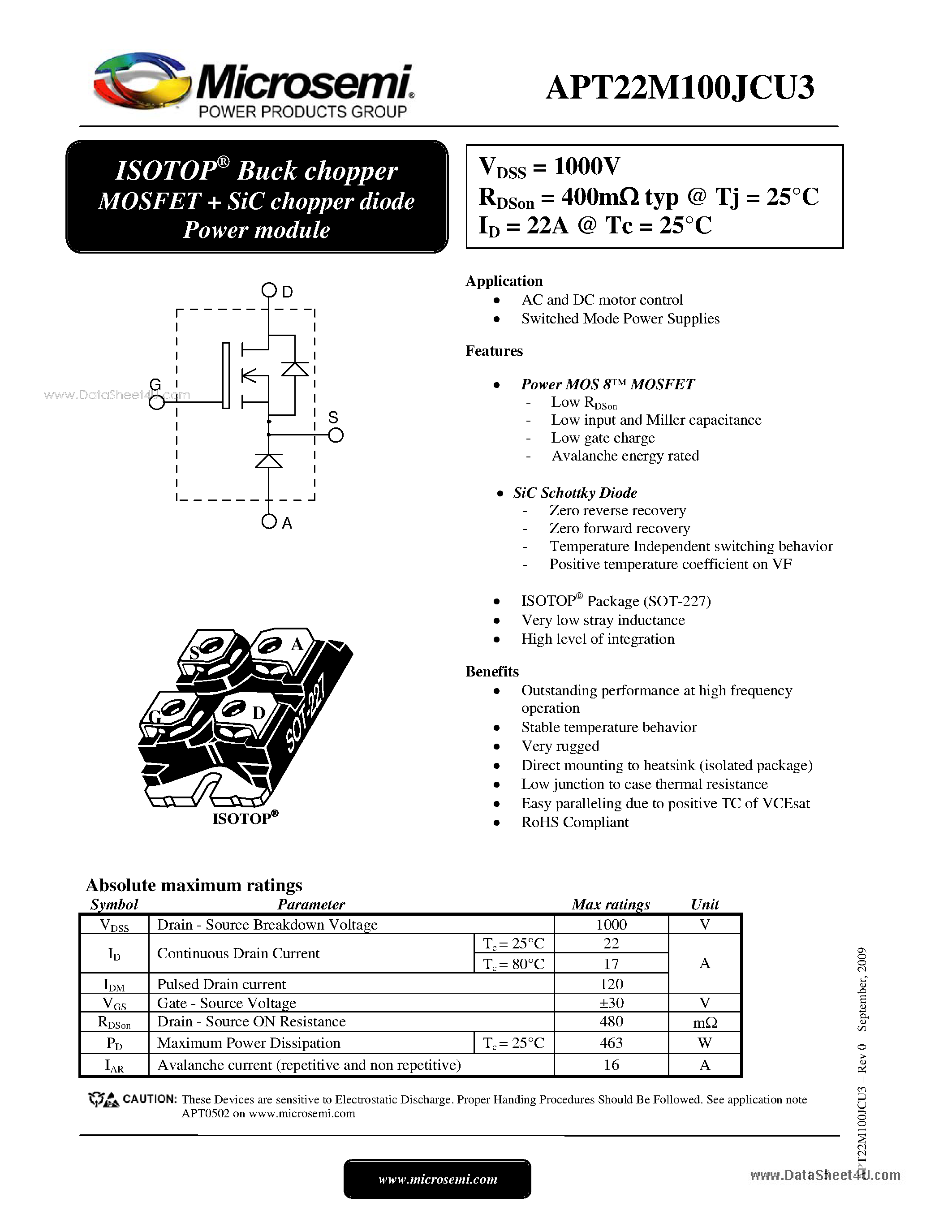 Datasheet APT22M100JCU3 page 1 Datasheet APT22M100JCU3 - ISOTOP Buck chopper MOSFET SiC chopper diode Power module page 1