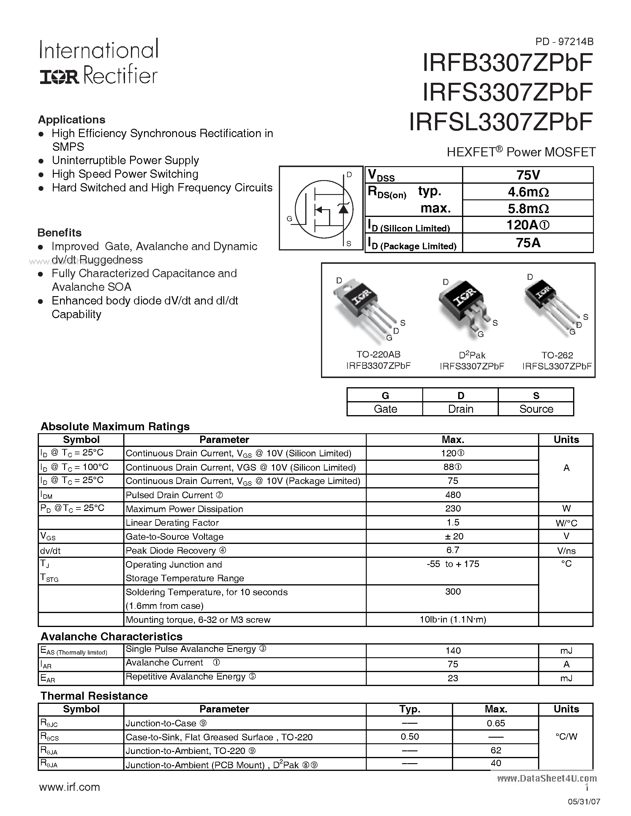 Datasheet IRFB3307ZPBF - HEXFET Power MOSFET page 1
