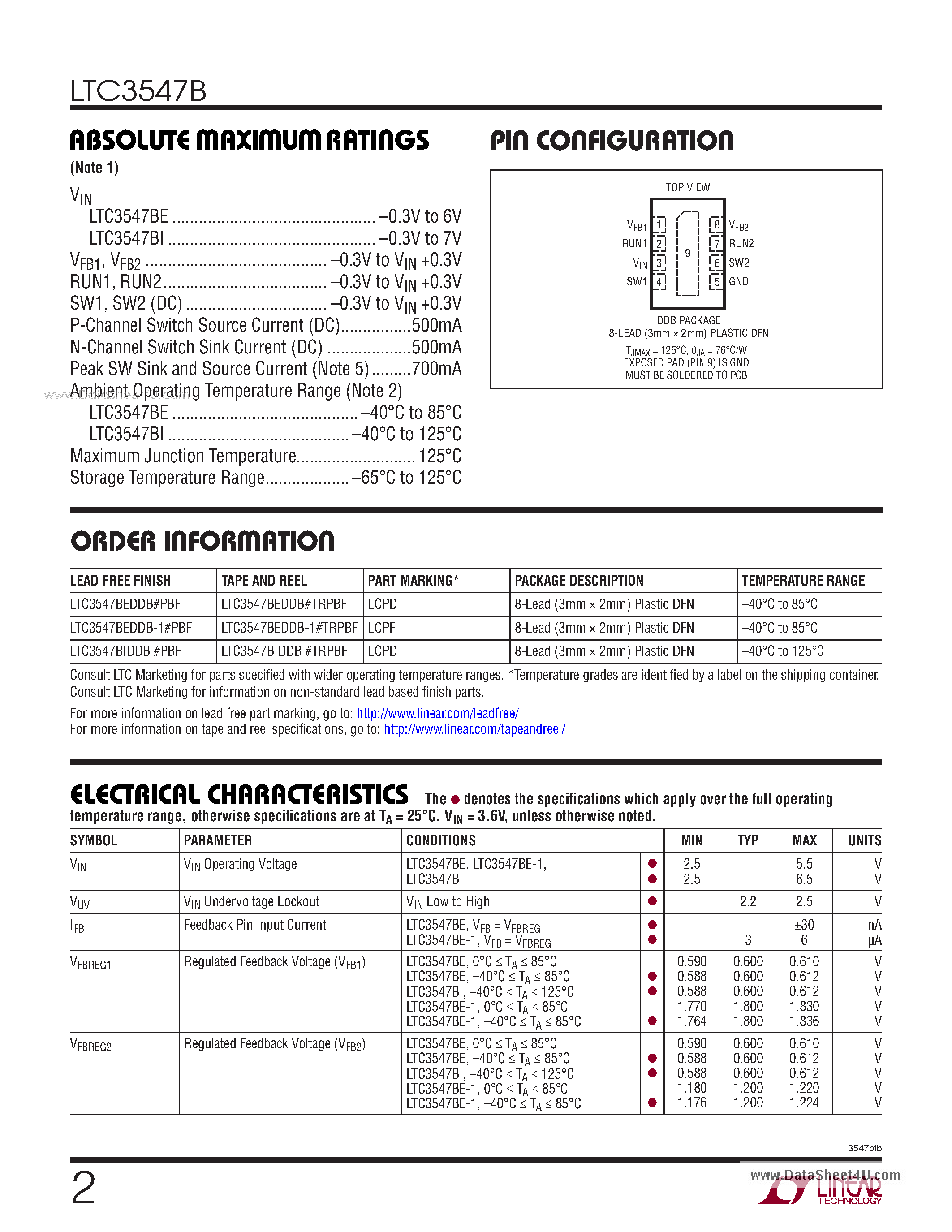 Datasheet LTC3547B - Dual Monolithic 300mA Synchronous Step-Down Regulator page 2