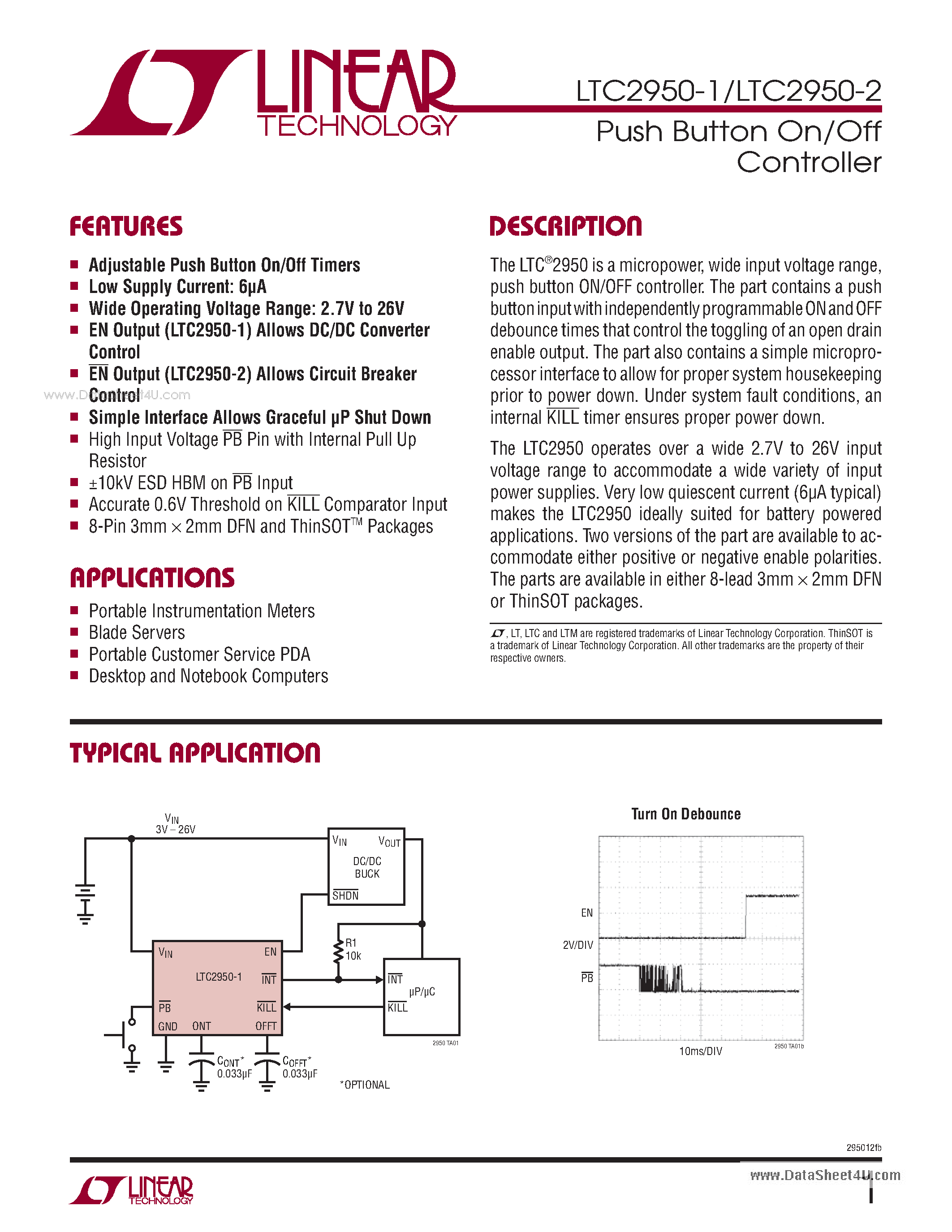 Datasheet LTC2950-1 - Push Button On/Off Controller page 1