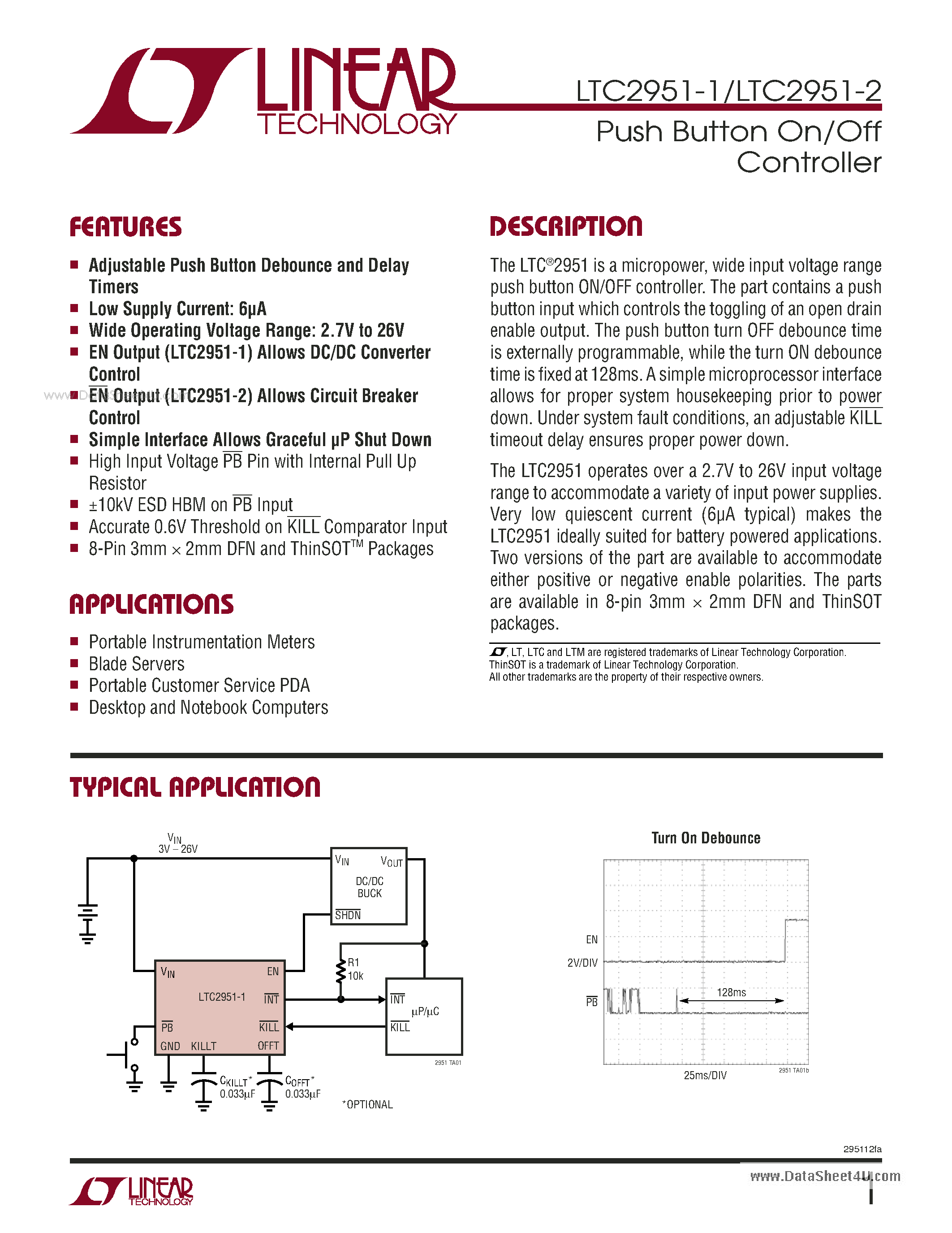 Datasheet LTC2951-1 - Push Button On/Off Controller page 1