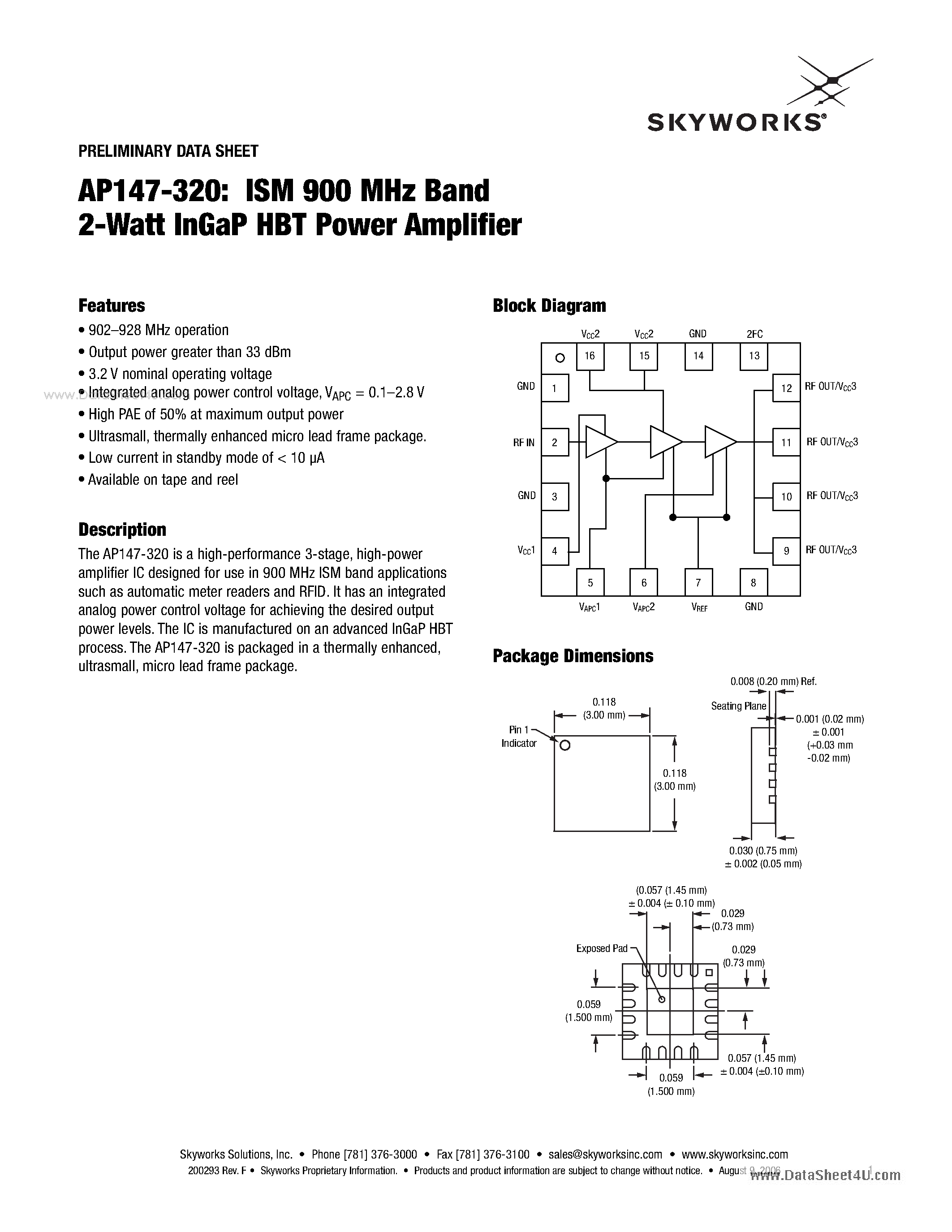 Даташит AP147-320 - ISM 900 MHz Band 2-Watt InGaP HBT Power Amplifier страница 1