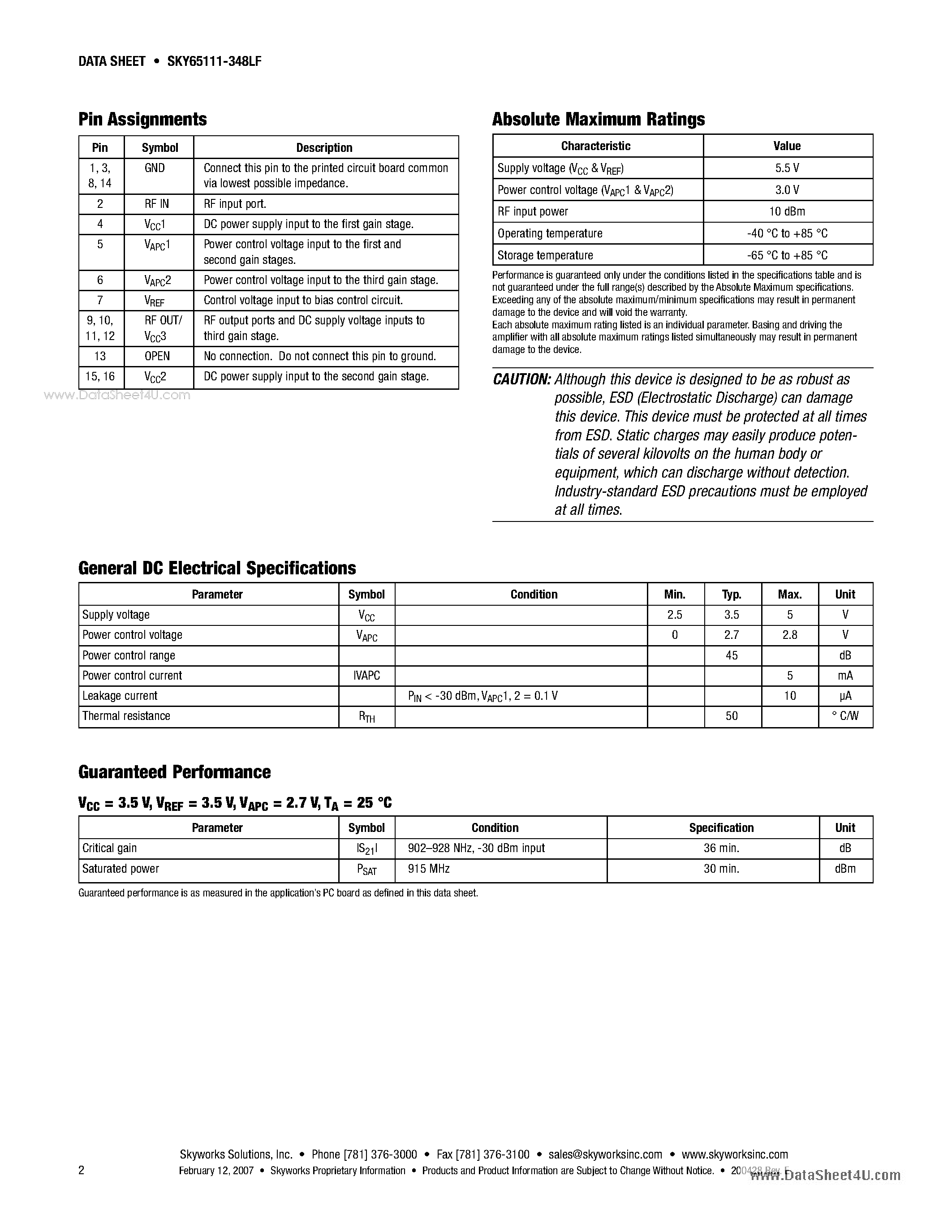 Datasheet SKY65111-348LF page 2 Datasheet SKY65111-348LF - ISM 600-1100 MHz Band 2 Watt InGaP HBT Power Amplifier page 2